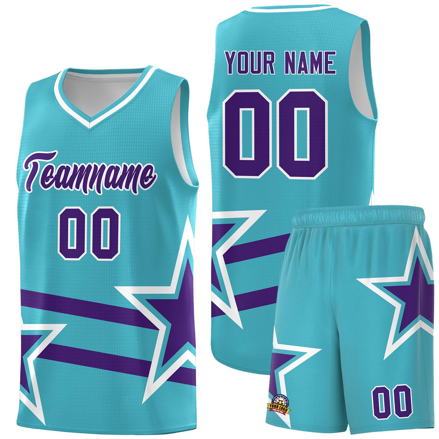 Custom Sky Blue Basketball Kits With Purple Star Pattern And Double Lines