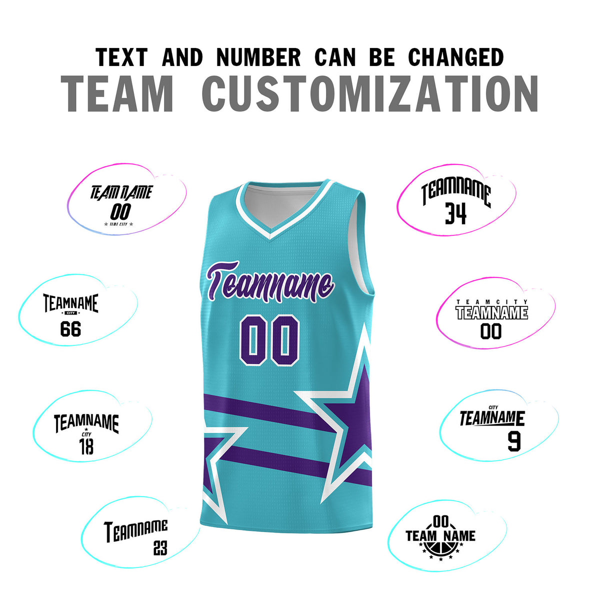 Custom Sky Blue Basketball Kits With Purple Star Pattern And Double Lines