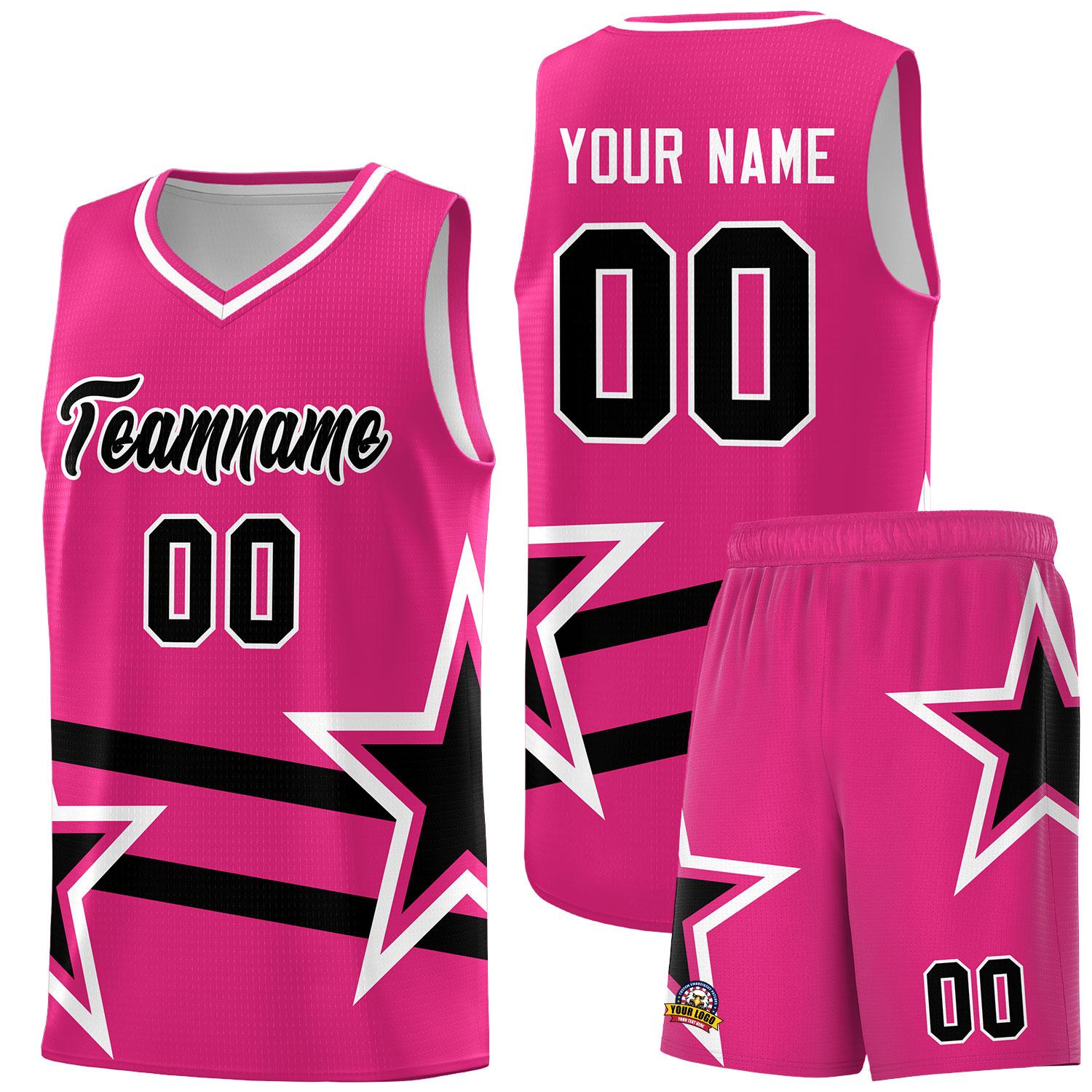 Custom Rose Red Basketball Kits With Black Star Pattern And Double Lines