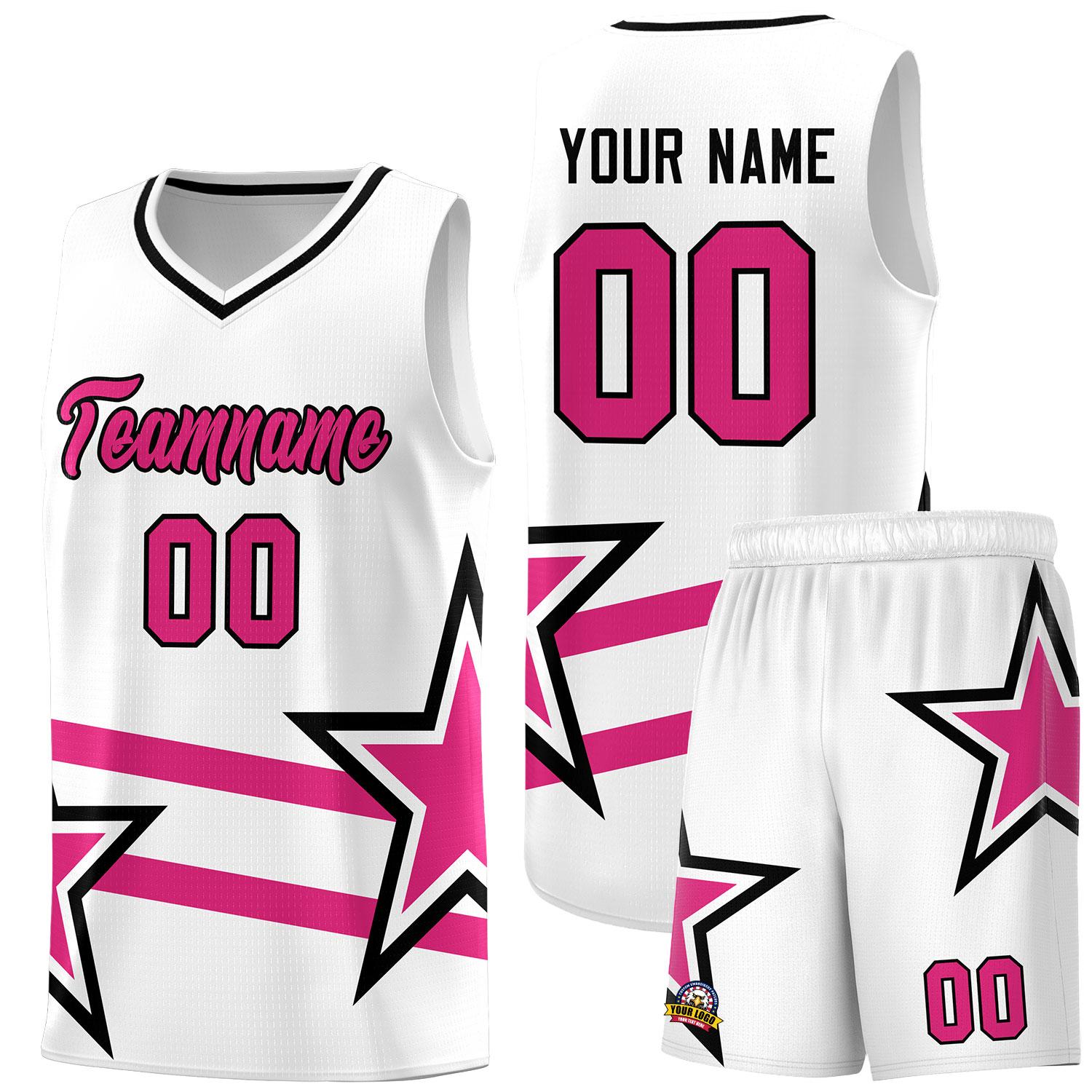 Custom White Basketball Kits With Rose Red Star Pattern And Double Lines
