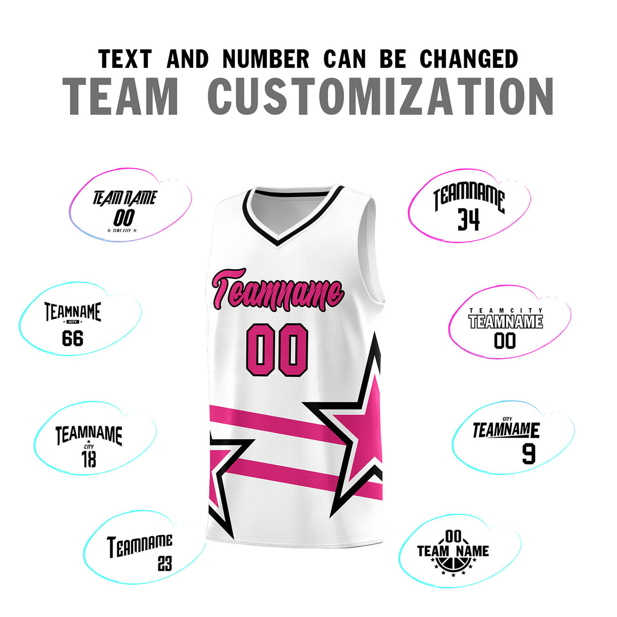 Custom White Basketball Kits With Rose Red Star Pattern And Double Lines