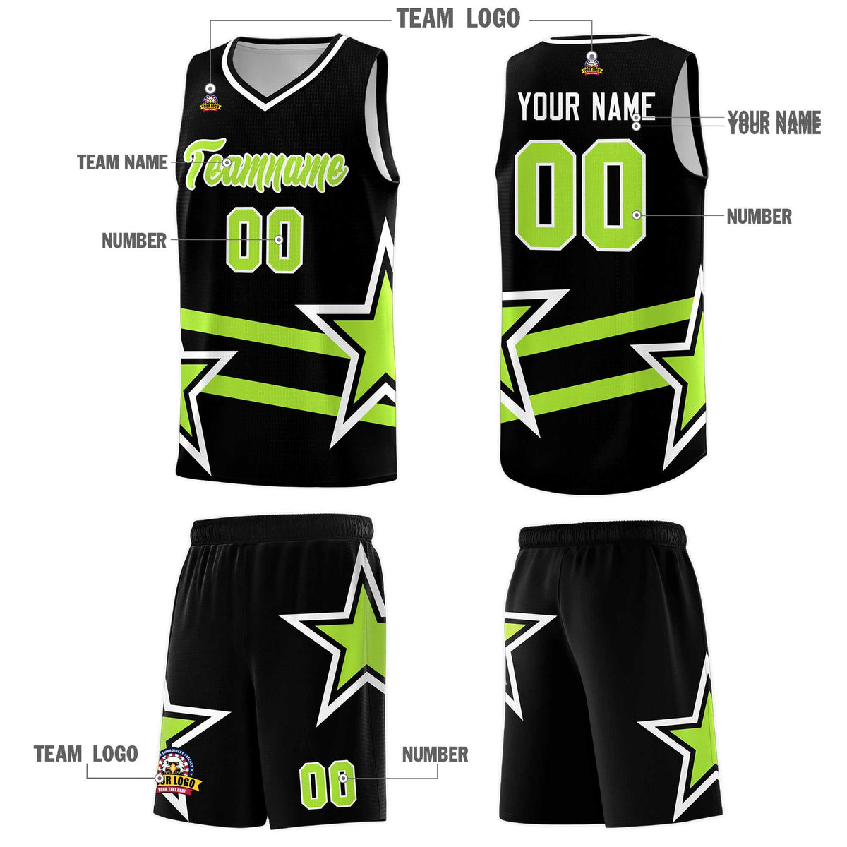 Custom Black Basketball Kits With Neon Green Star Pattern And Double Lines