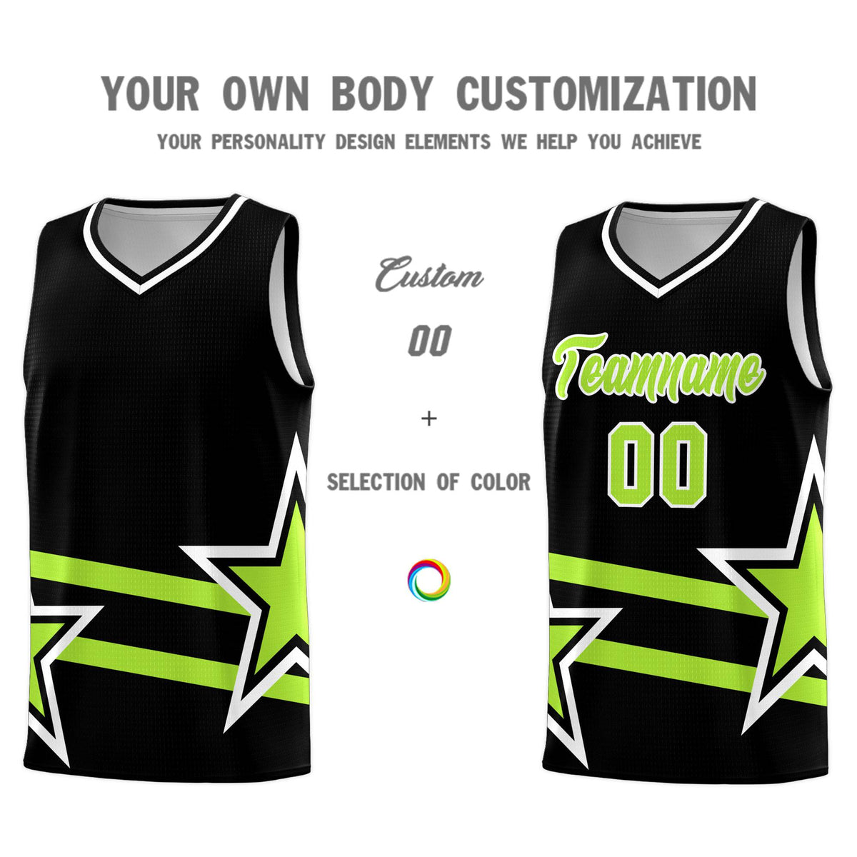 Custom Black Basketball Kits With Neon Green Star Pattern And Double Lines