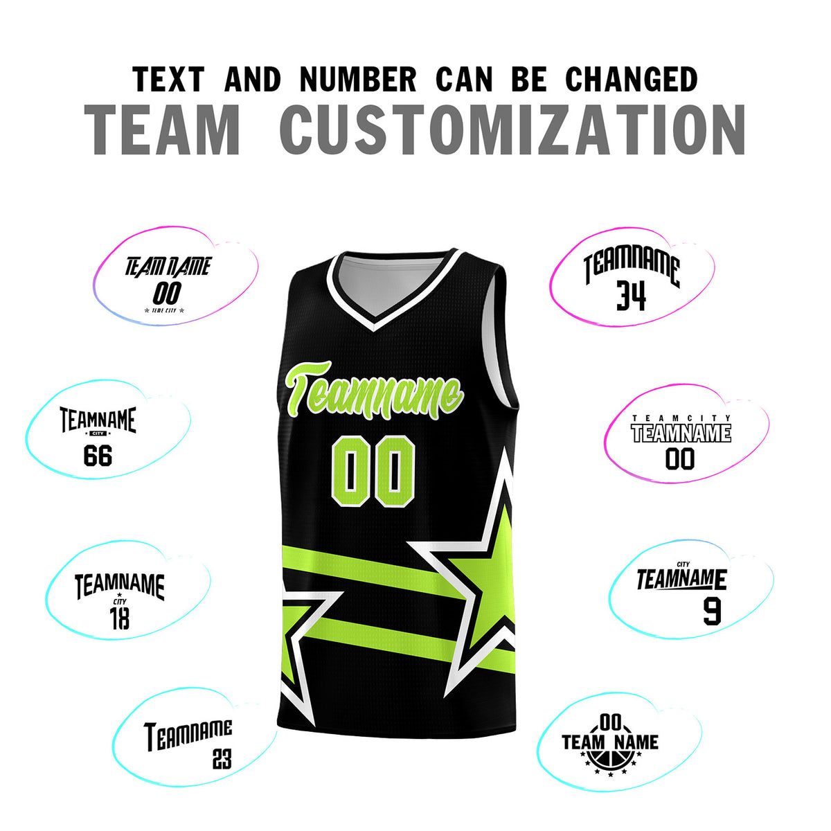 Custom Black Basketball Kits With Neon Green Star Pattern And Double Lines