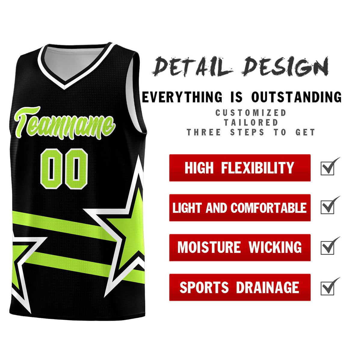 Custom Black Basketball Kits With Neon Green Star Pattern And Double Lines