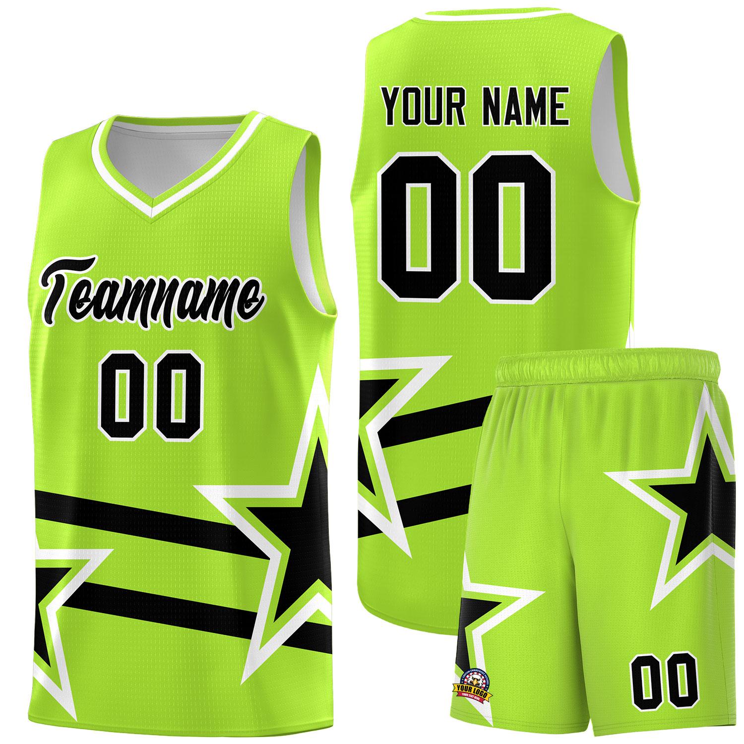 Custom Neon Green Basketball Kits With Black Star Pattern And Double Lines