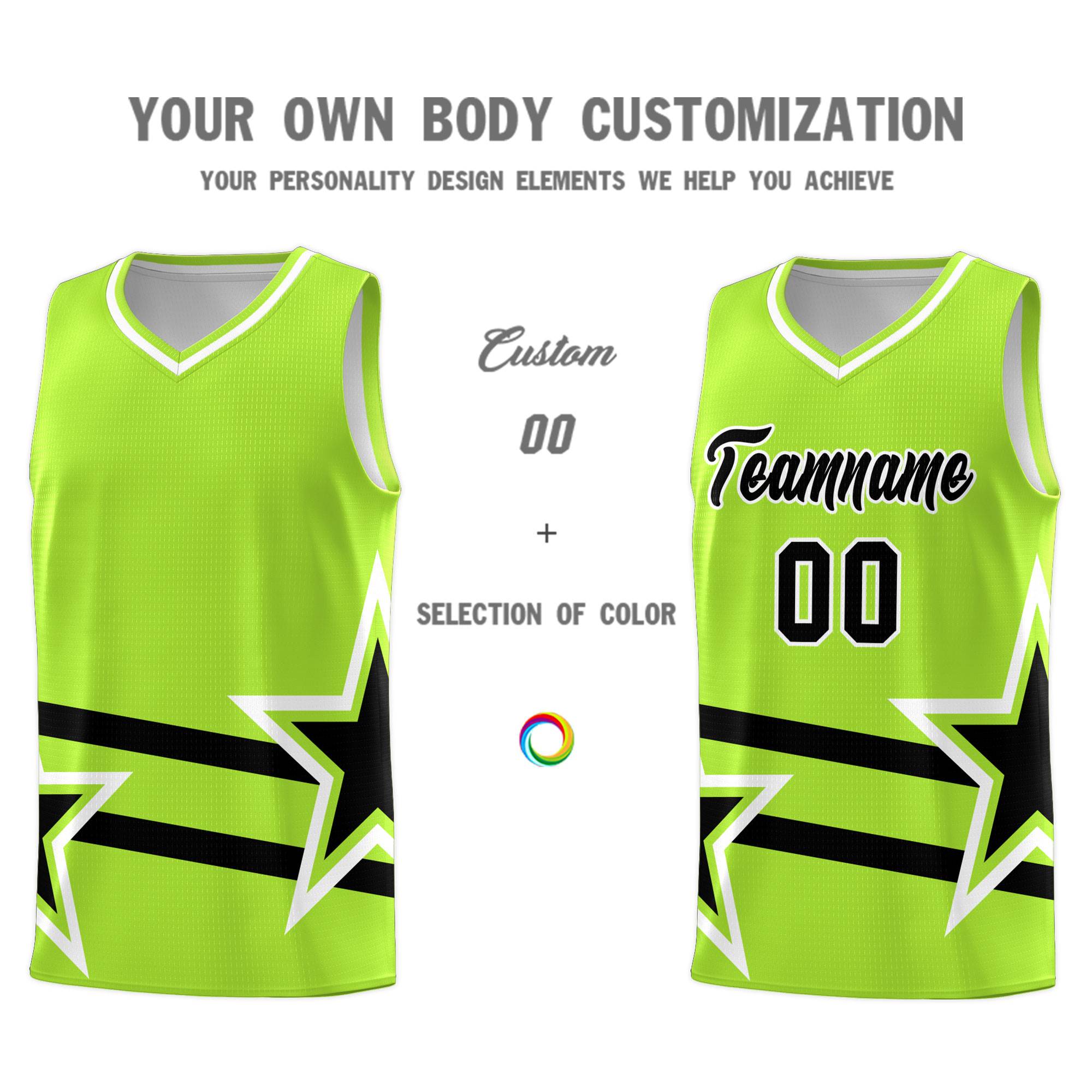 Custom Neon Green Basketball Kits With Black Star Pattern And Double Lines