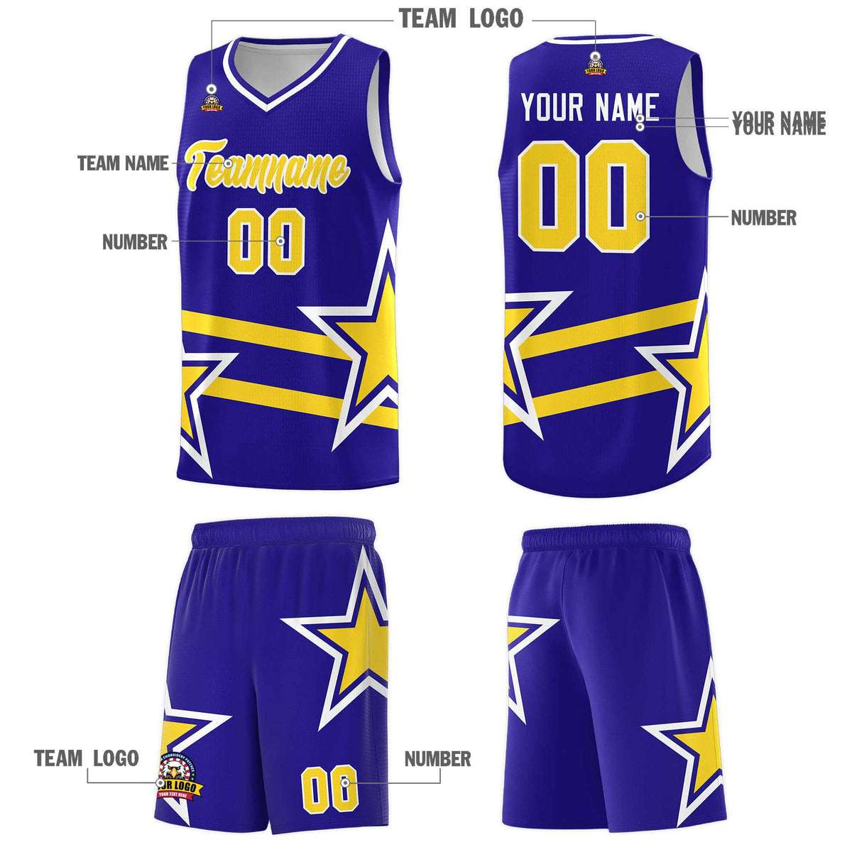Custom Royal Basketball Kits With Gold Star Pattern And Double Lines