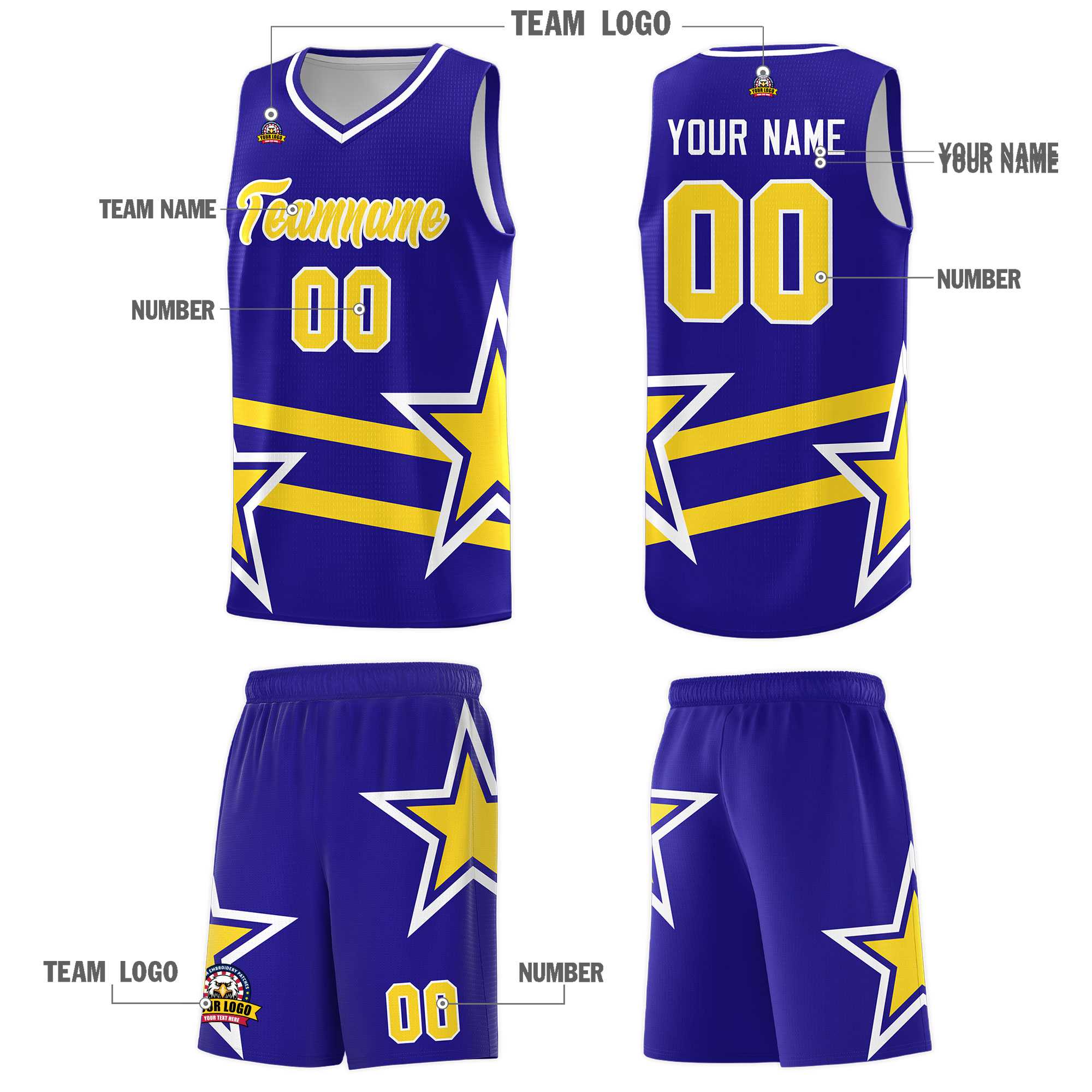 Custom Royal Basketball Kits With Gold Star Pattern And Double Lines