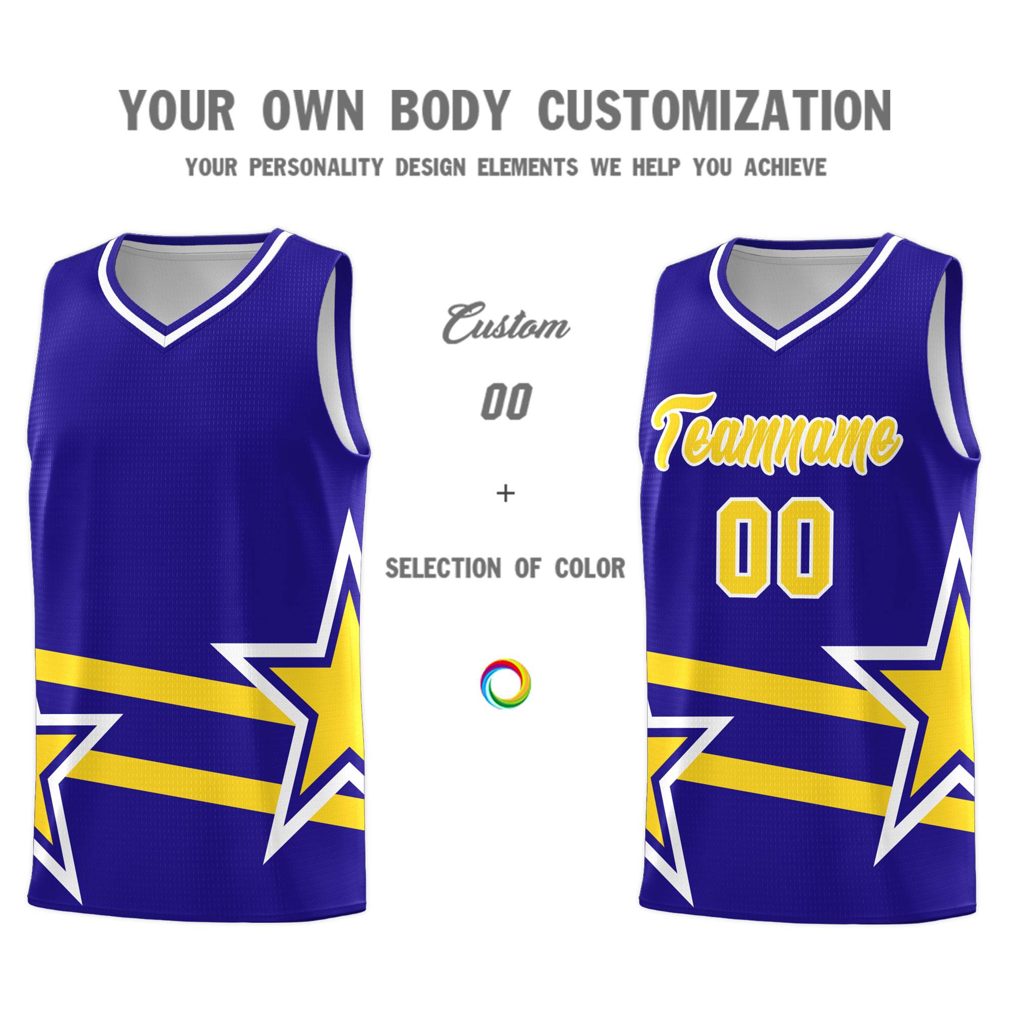 Custom Royal Basketball Kits With Gold Star Pattern And Double Lines