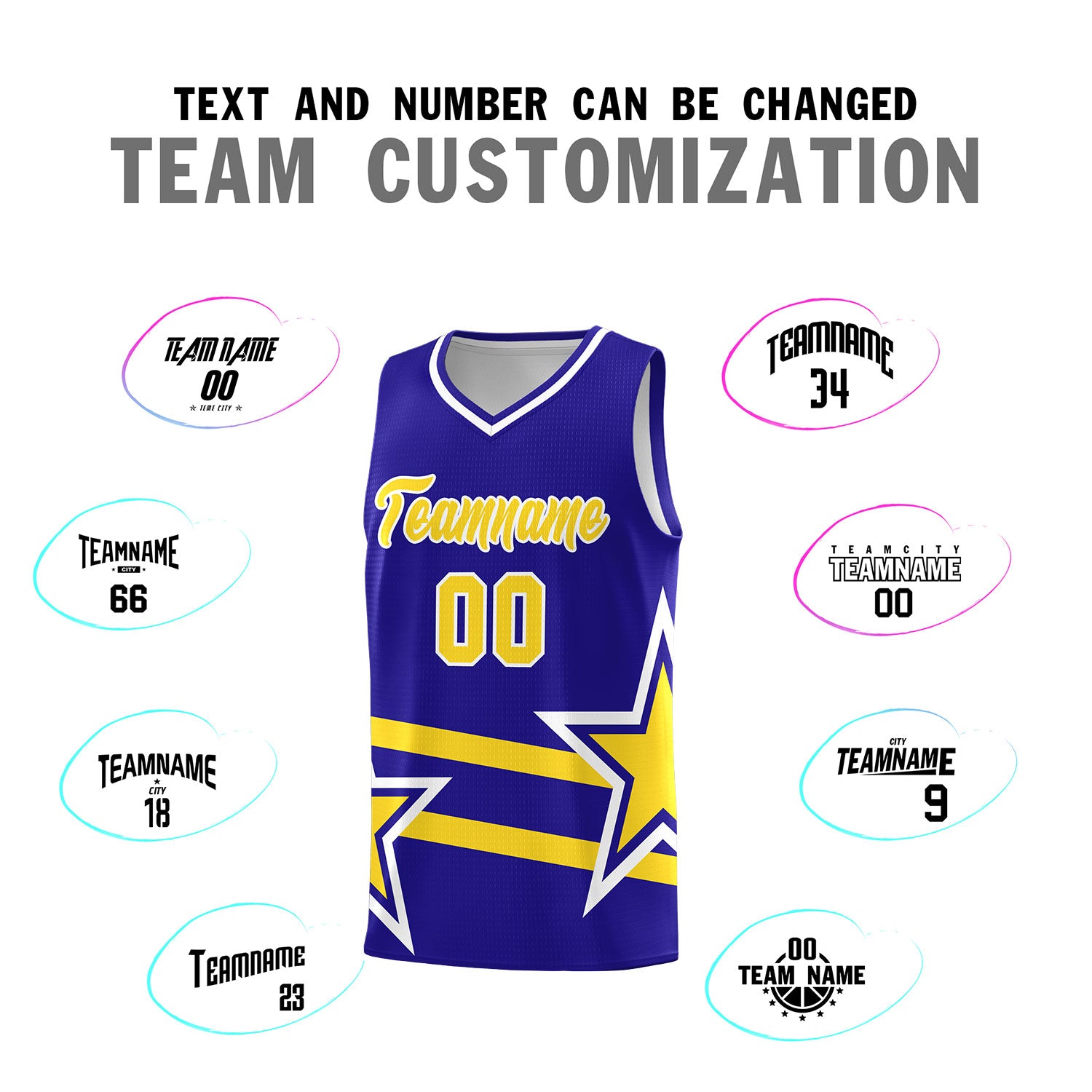 Custom Royal Basketball Kits With Gold Star Pattern And Double Lines