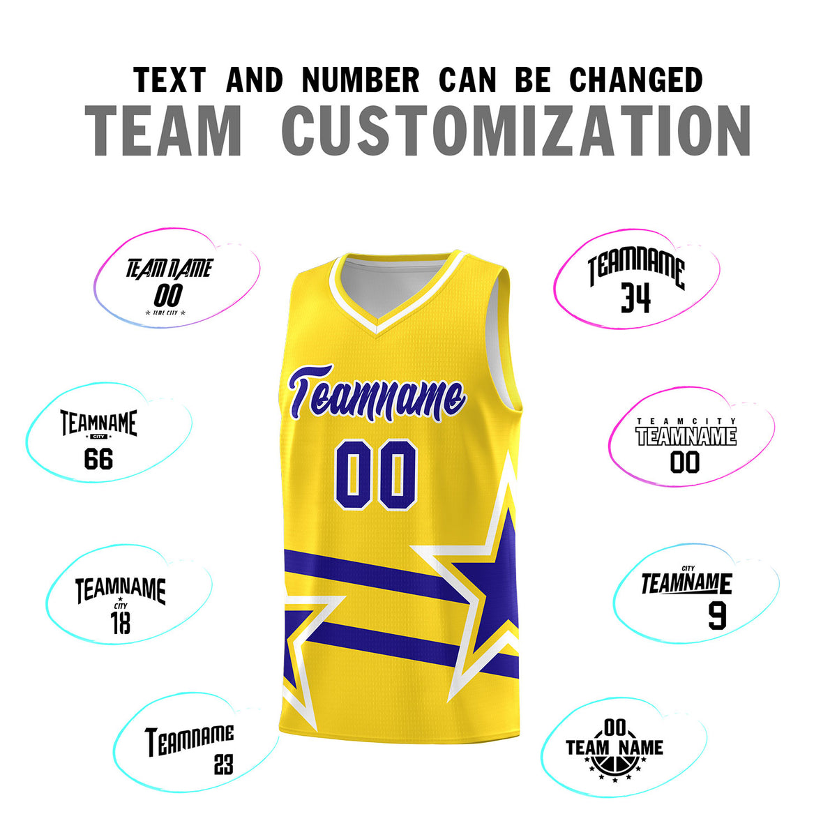 Custom Gold Basketball Kits With Royal Star Pattern And Double Lines