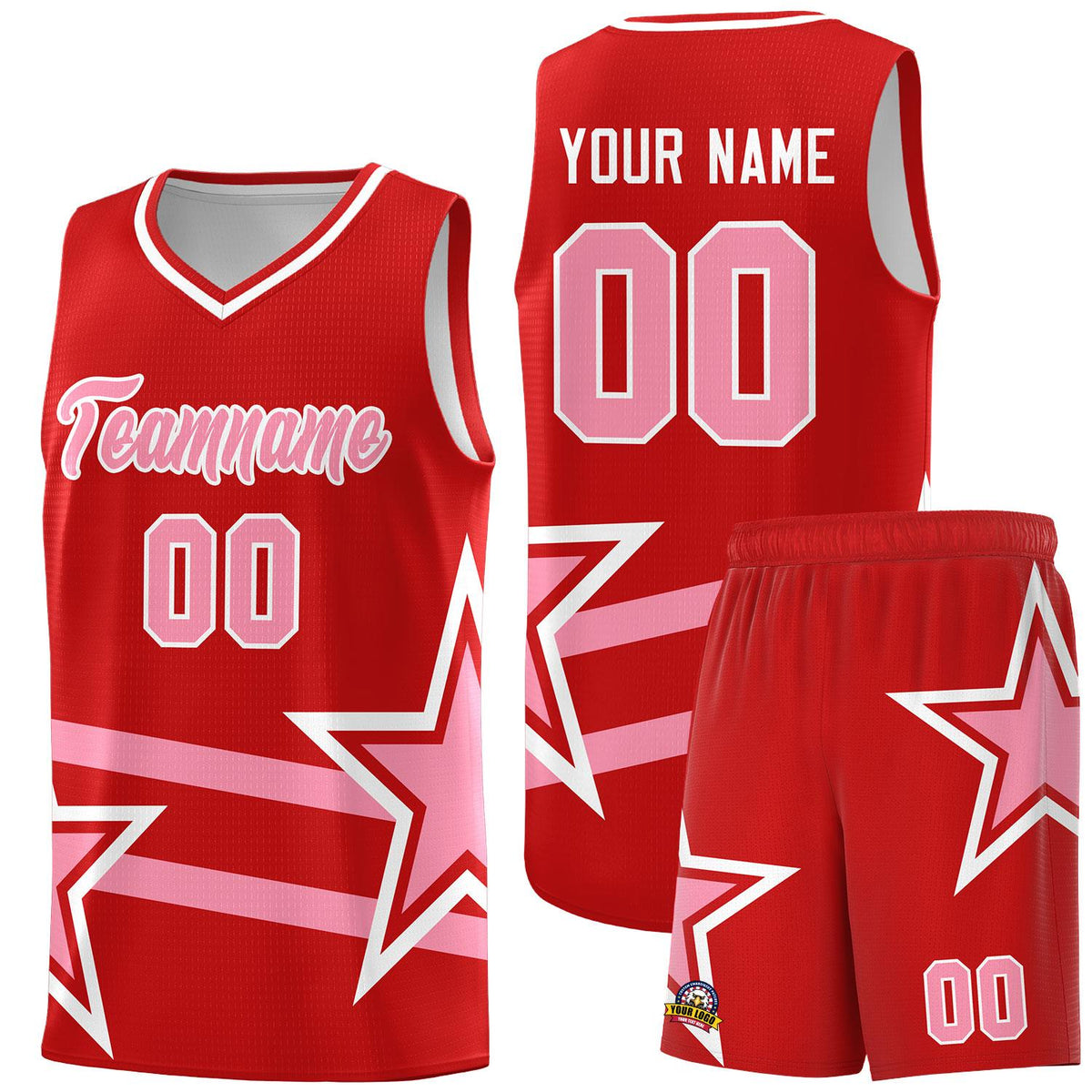 Custom Red Basketball Kits With Light Pink Star Pattern And Double Lines