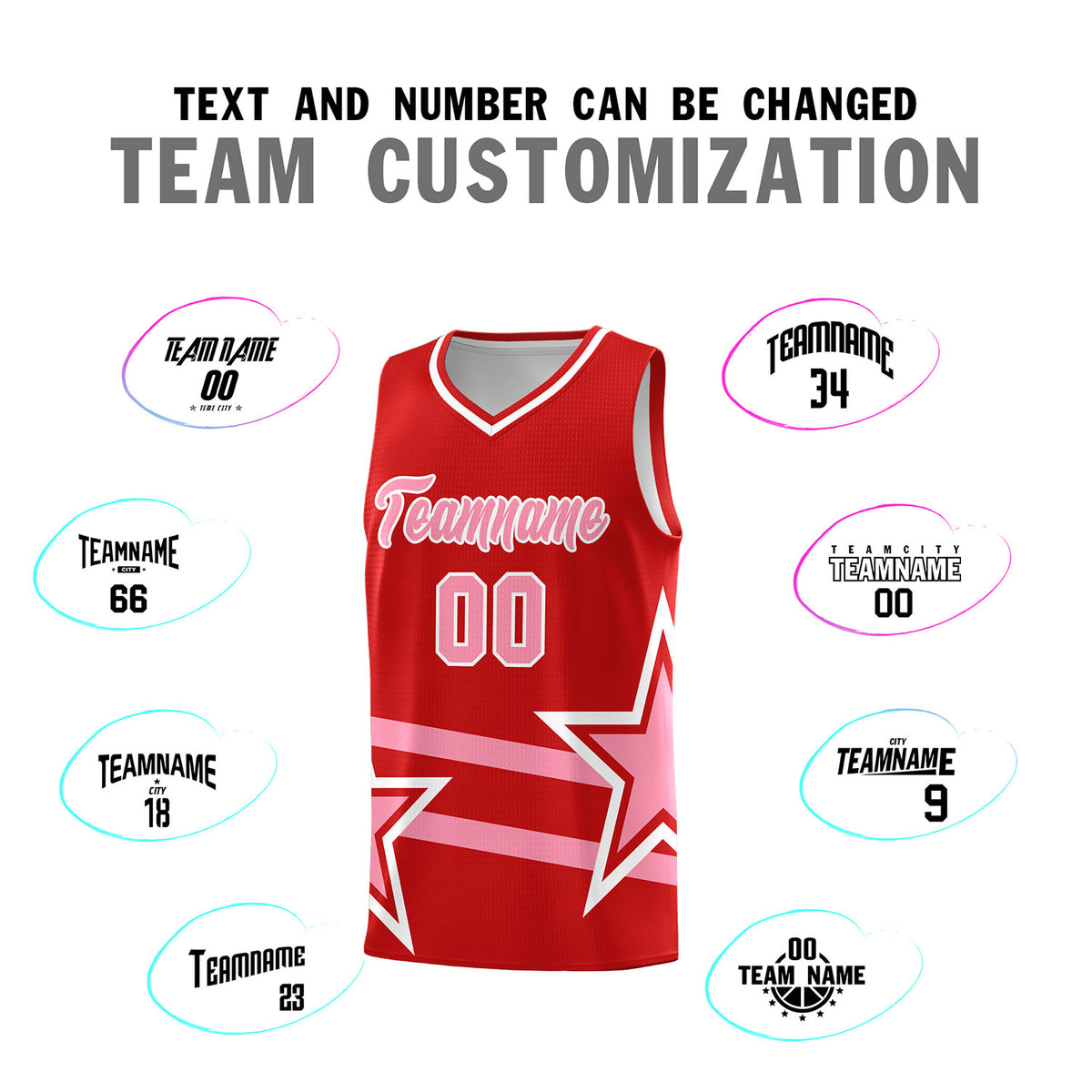 Custom Red Basketball Kits With Light Pink Star Pattern And Double Lines