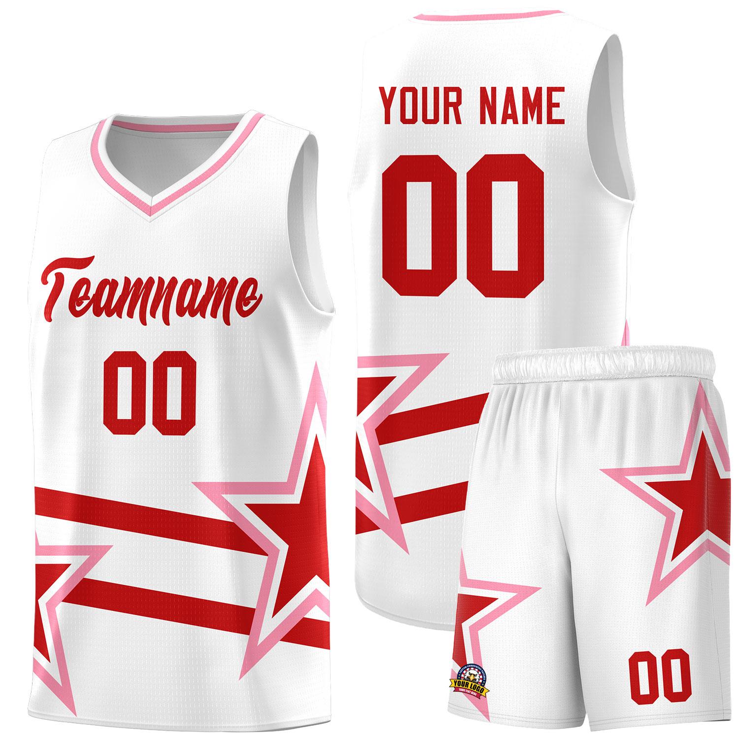 Custom White Basketball Kits With Red Star Pattern And Double Lines