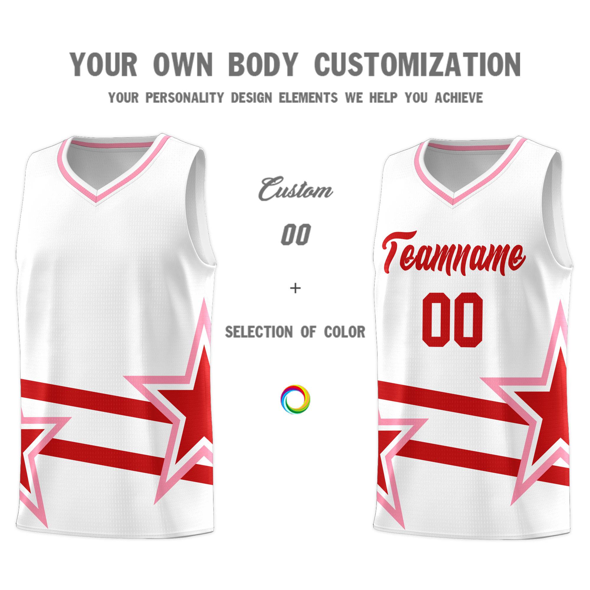 Custom White Basketball Kits With Red Star Pattern And Double Lines