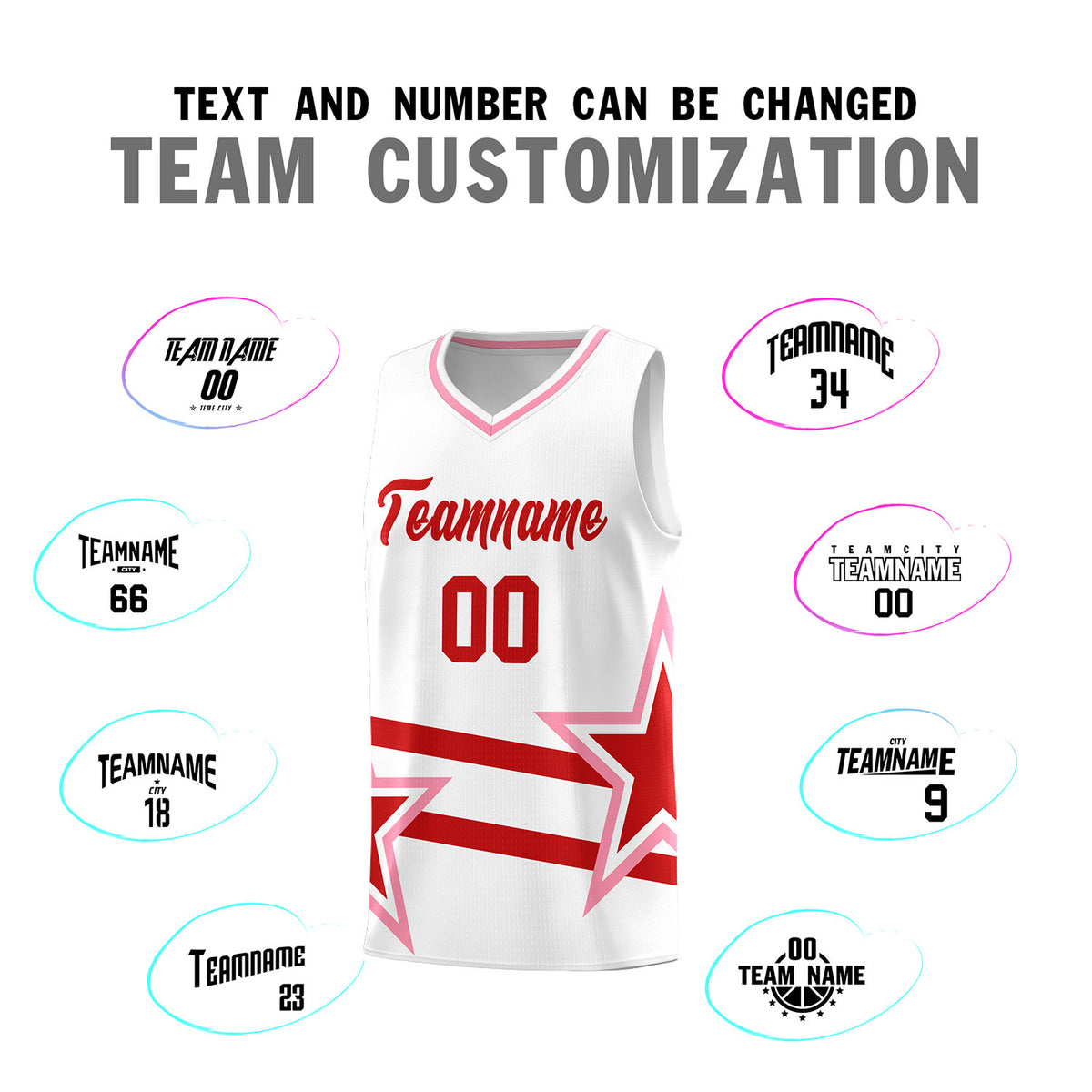 Custom White Basketball Kits With Red Star Pattern And Double Lines
