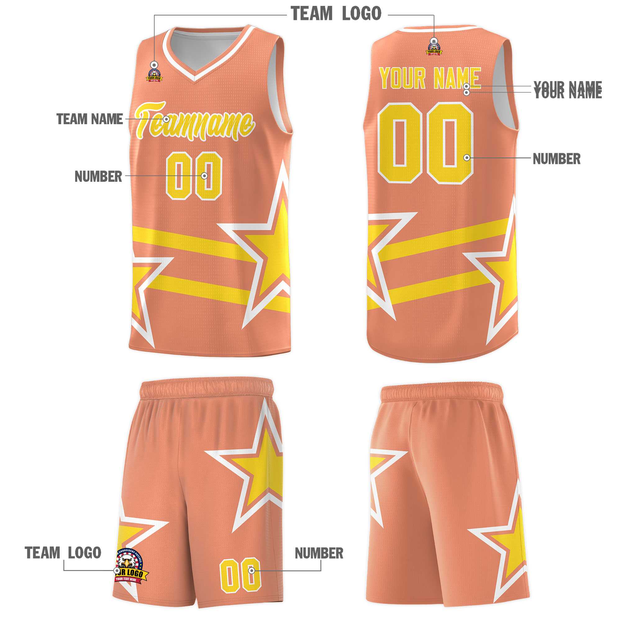 Custom Light Orange Basketball Kits With Gold Star Pattern And Double Lines