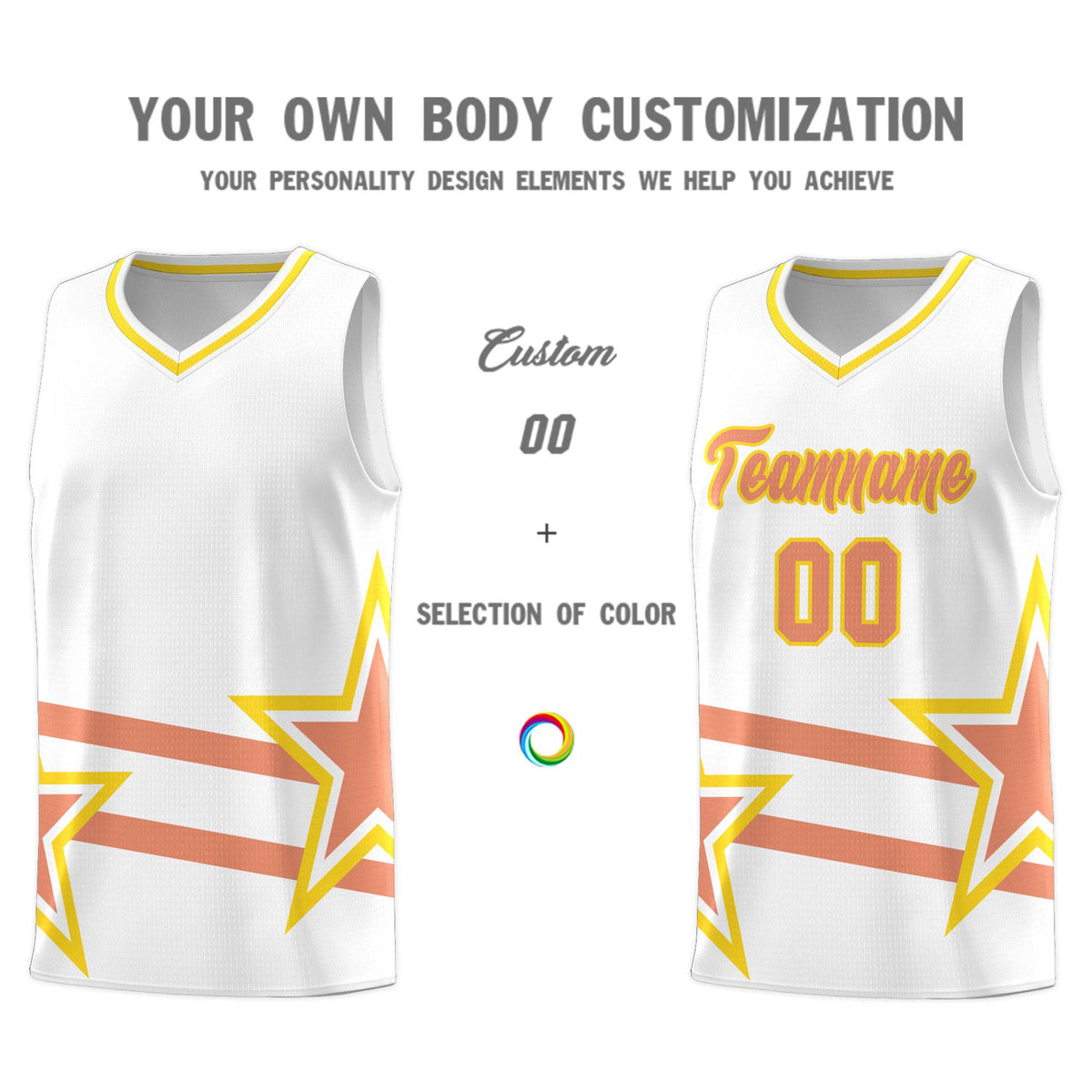 Custom White Basketball Kits With Light Orange Star Pattern And Double Lines