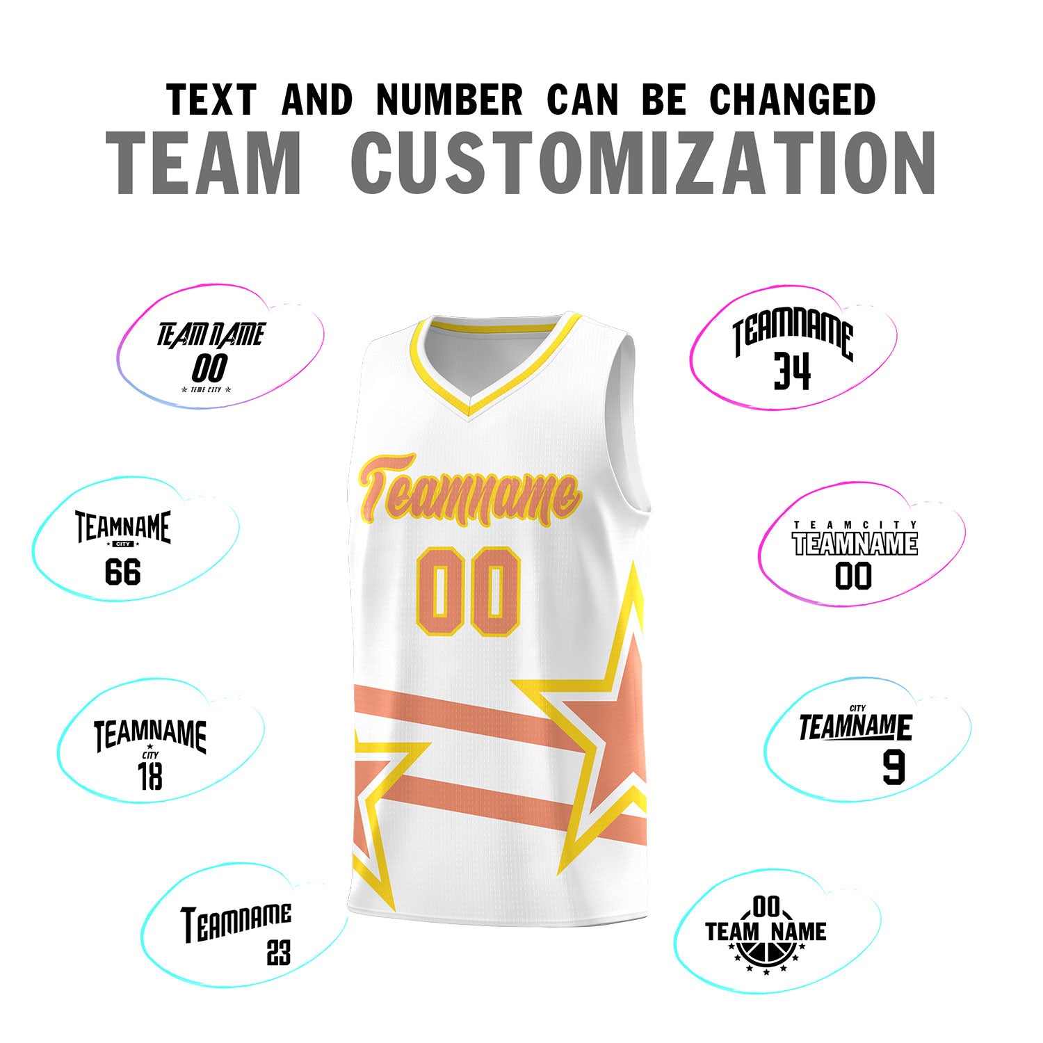 Custom White Basketball Kits With Light Orange Star Pattern And Double Lines