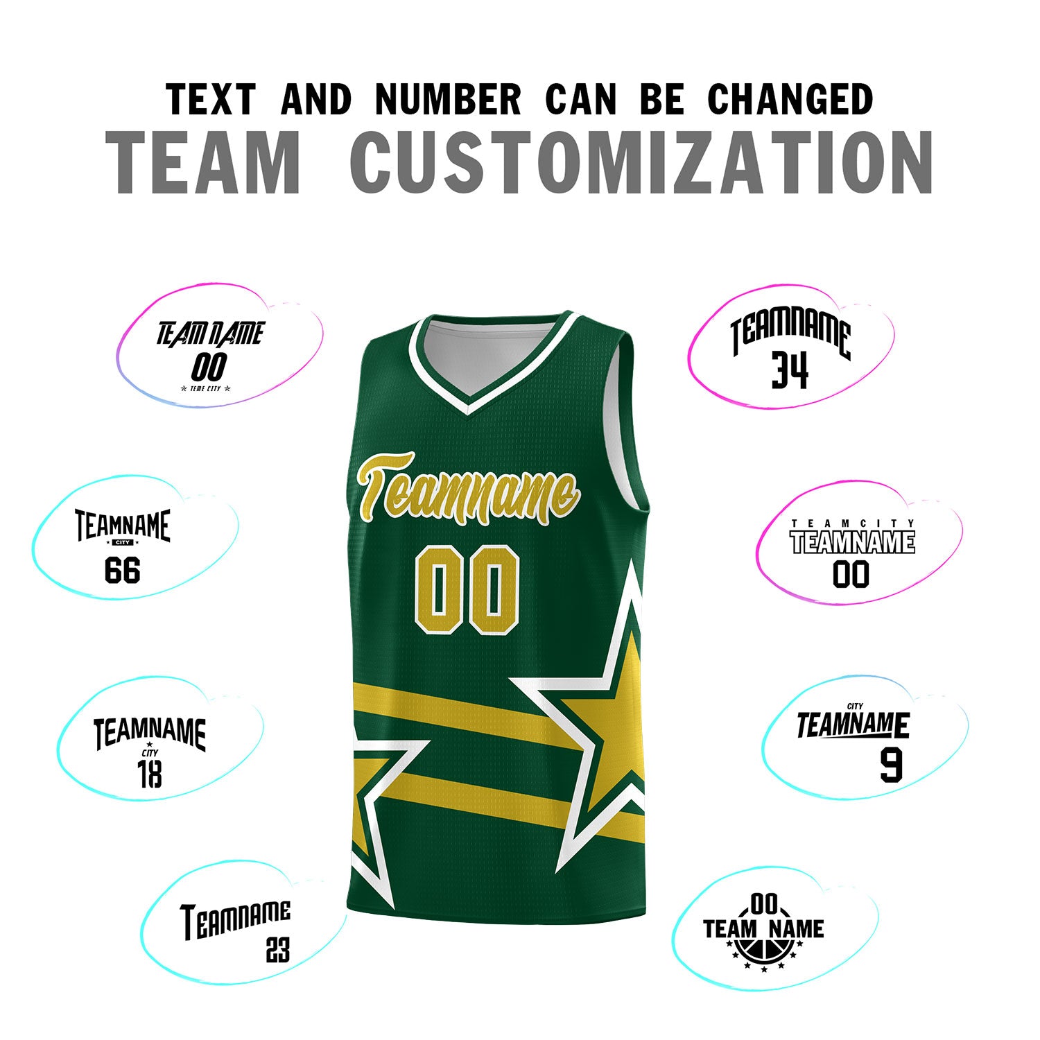 Custom Green Basketball Kits With Old Gold Star Pattern And Double Lines