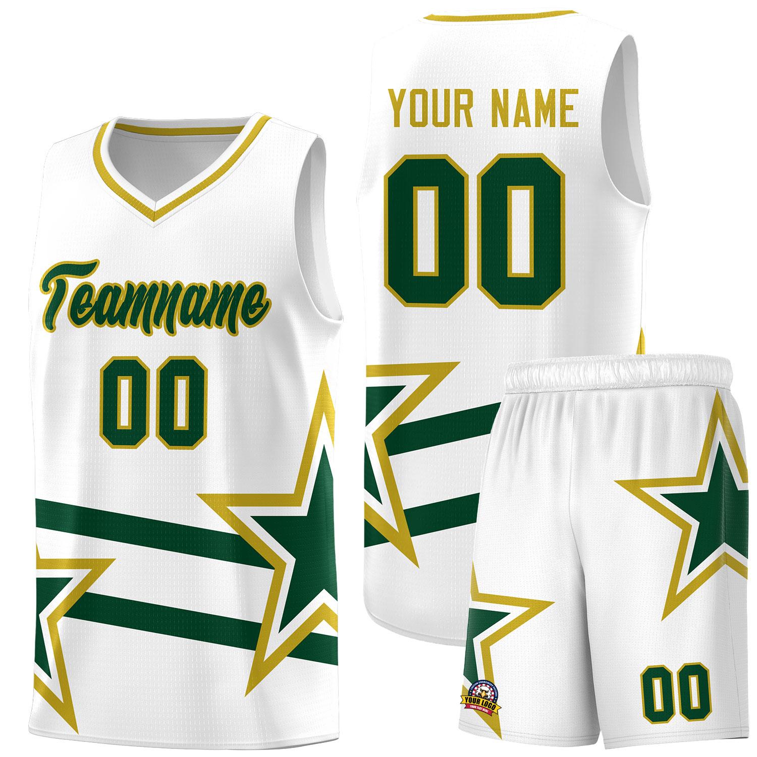 Custom White Basketball Kits With Green Star Pattern And Double Lines