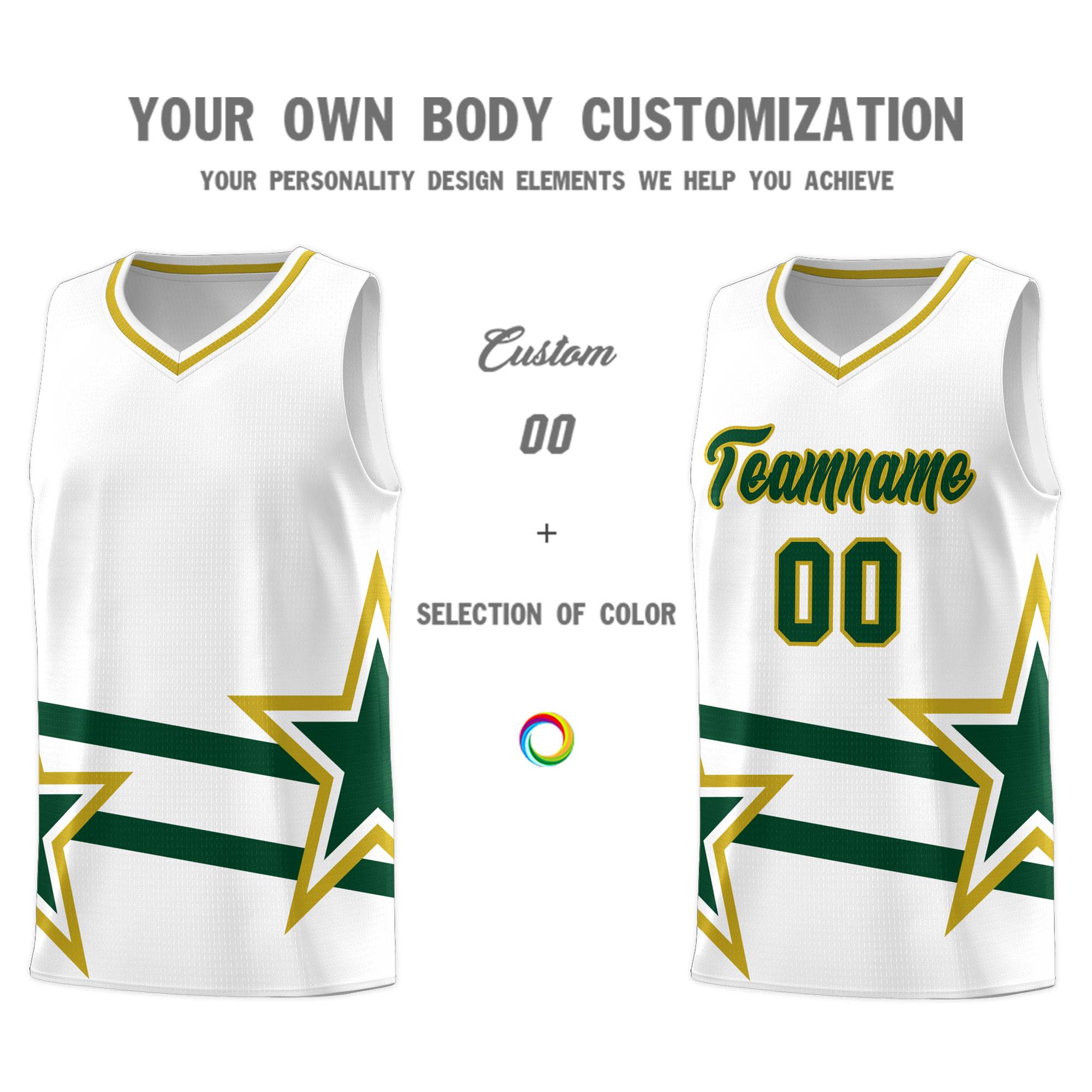 Custom White Basketball Kits With Green Star Pattern And Double Lines