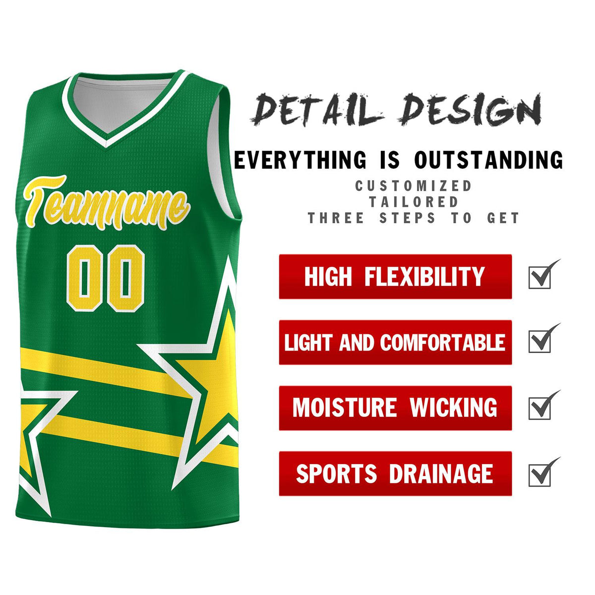 Custom Kelly Green Basketball Kits With Gold Star Pattern And Double Lines