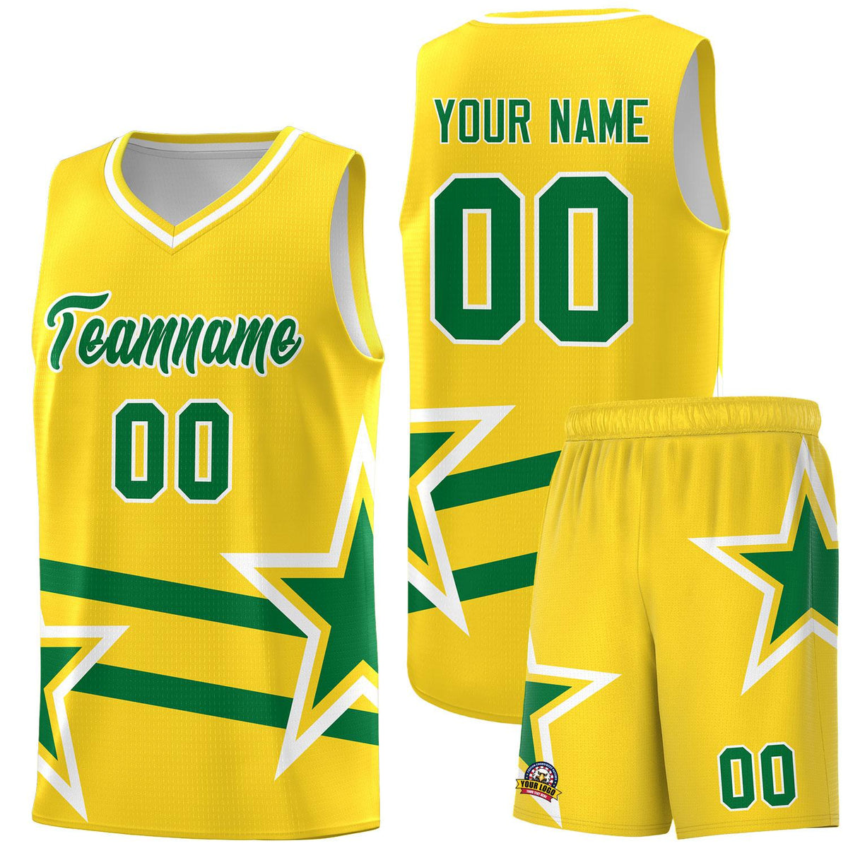 Custom Gold Basketball Kits With Kelly Green Star Pattern And Double Lines