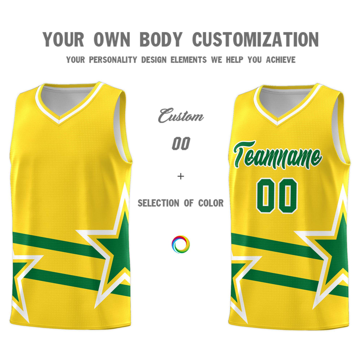 Custom Gold Basketball Kits With Kelly Green Star Pattern And Double Lines