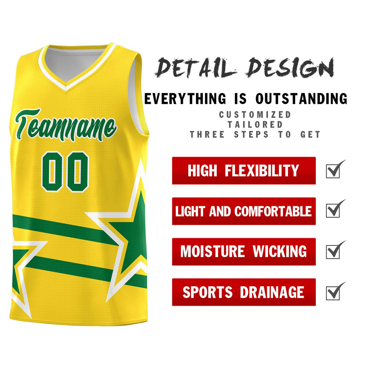 Custom Gold Basketball Kits With Kelly Green Star Pattern And Double Lines