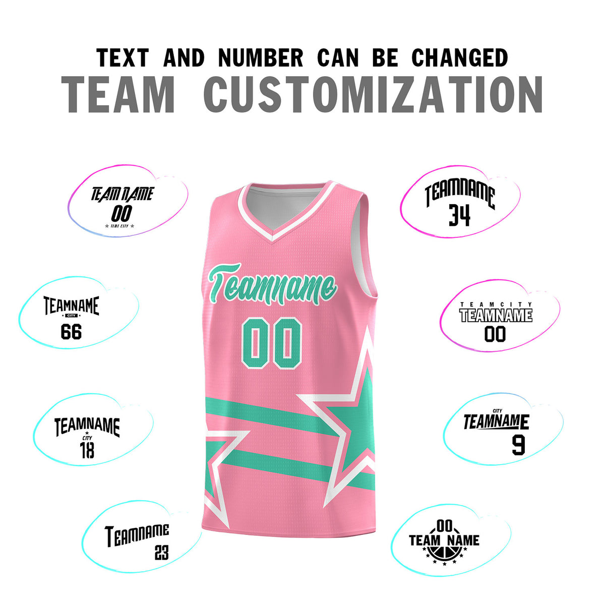 Custom Light Pink Basketball Kits With Bright Green Star Pattern And Double Lines