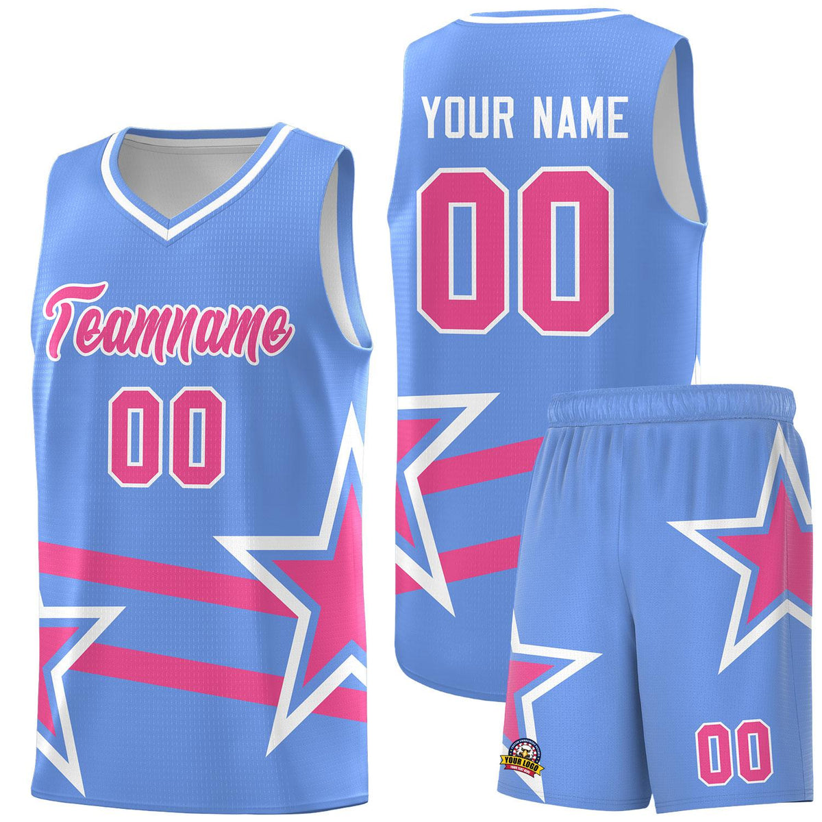 Custom Light Blue Basketball Kits With Pink Star Pattern And Double Lines