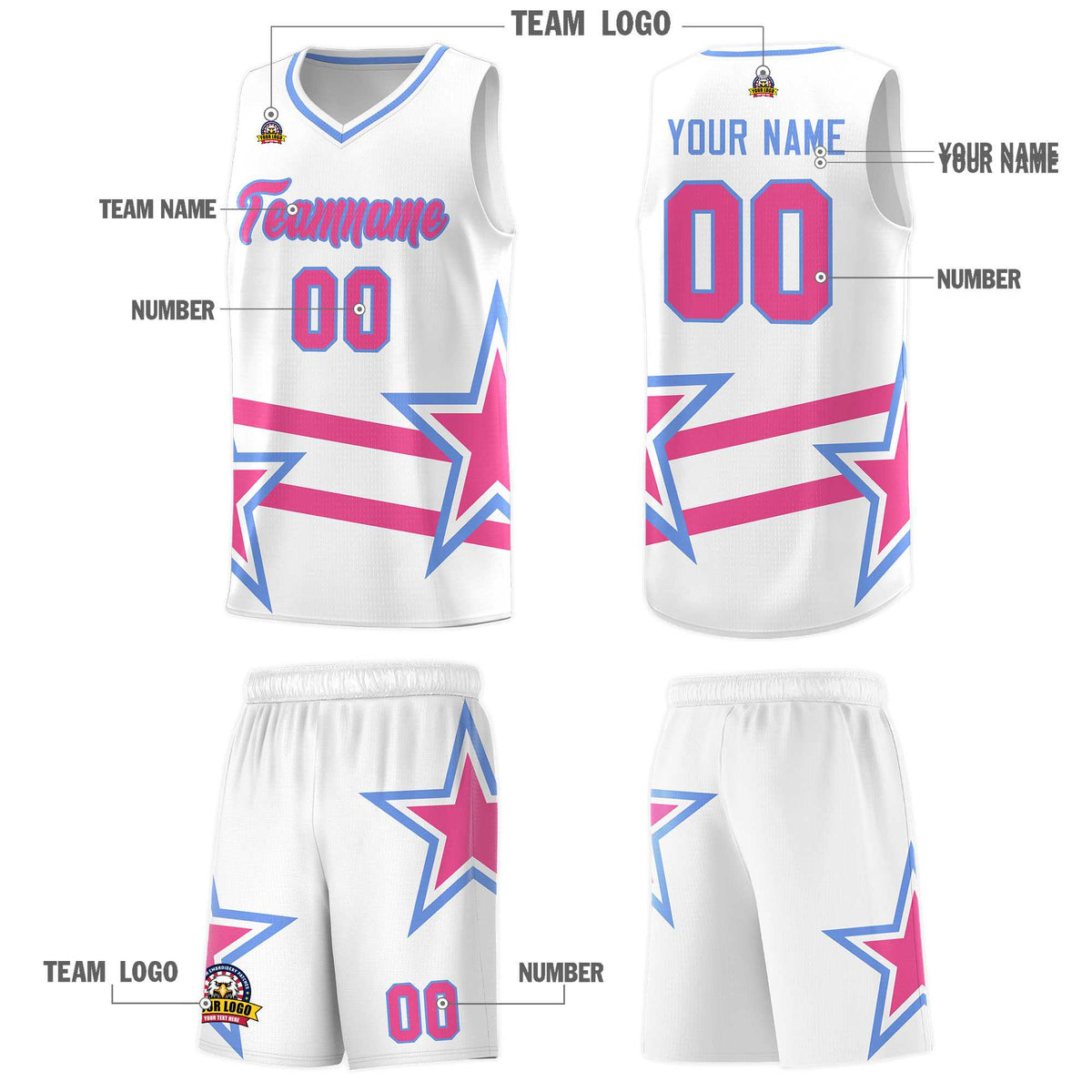 Custom White Basketball Kits With Pink Star Pattern And Double Lines