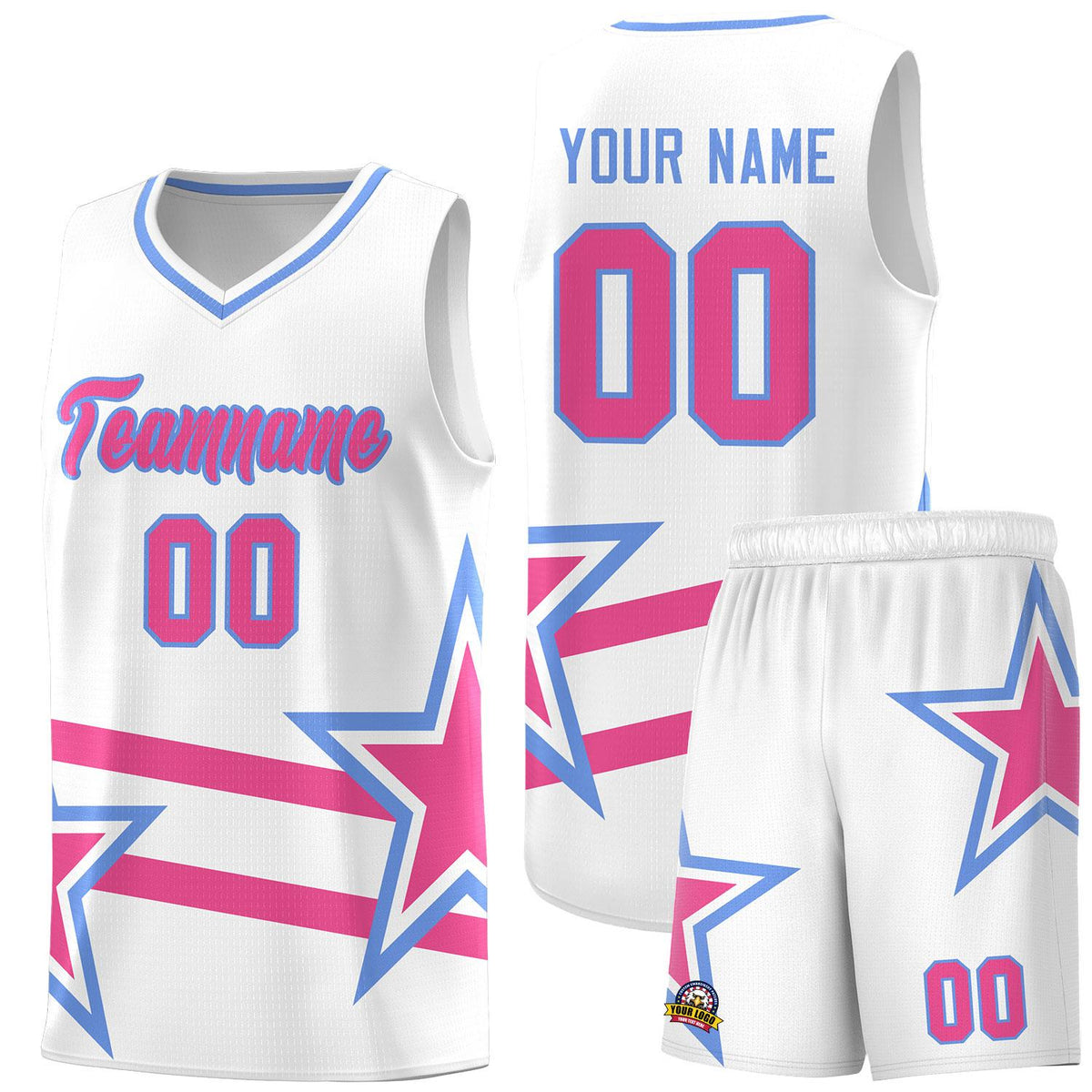 Custom White Basketball Kits With Pink Star Pattern And Double Lines