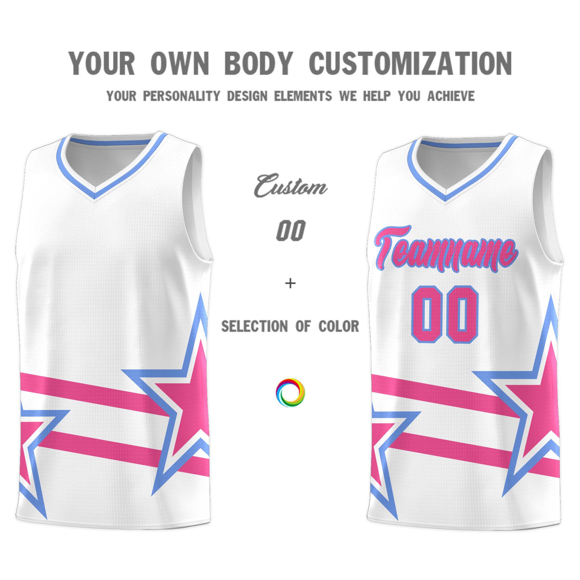 Custom White Basketball Kits With Pink Star Pattern And Double Lines
