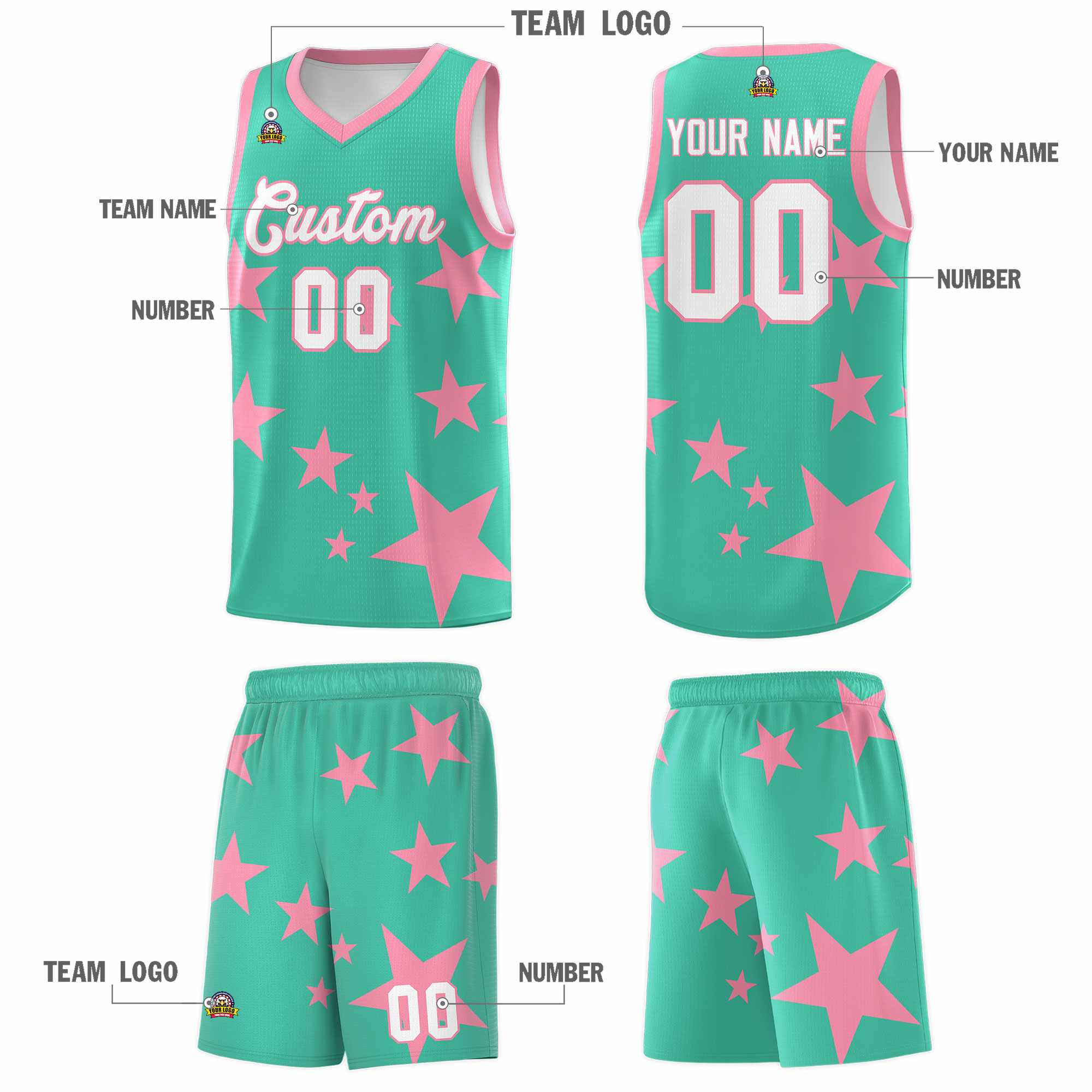 Custom Bright Green Light Pink Graffiti Pattern Star Print Basketball Kits Sets