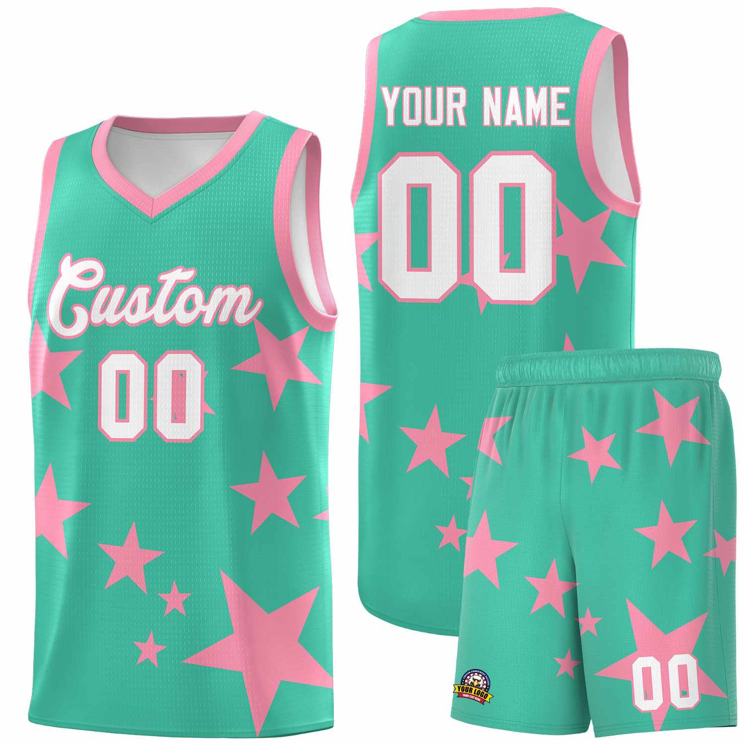 Custom Bright Green Light Pink Graffiti Pattern Star Print Basketball Kits Sets