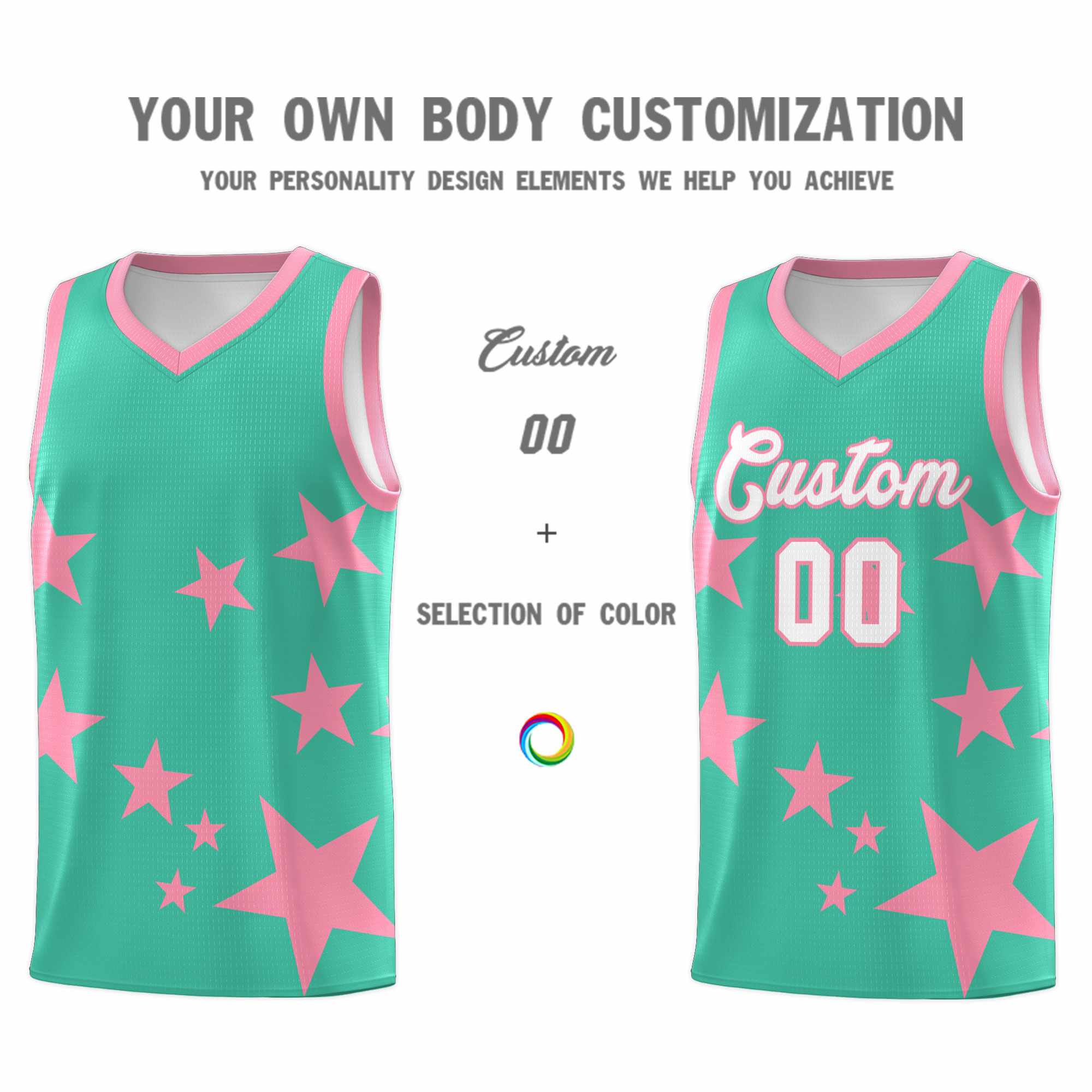 Custom Bright Green Light Pink Graffiti Pattern Star Print Basketball Kits Sets