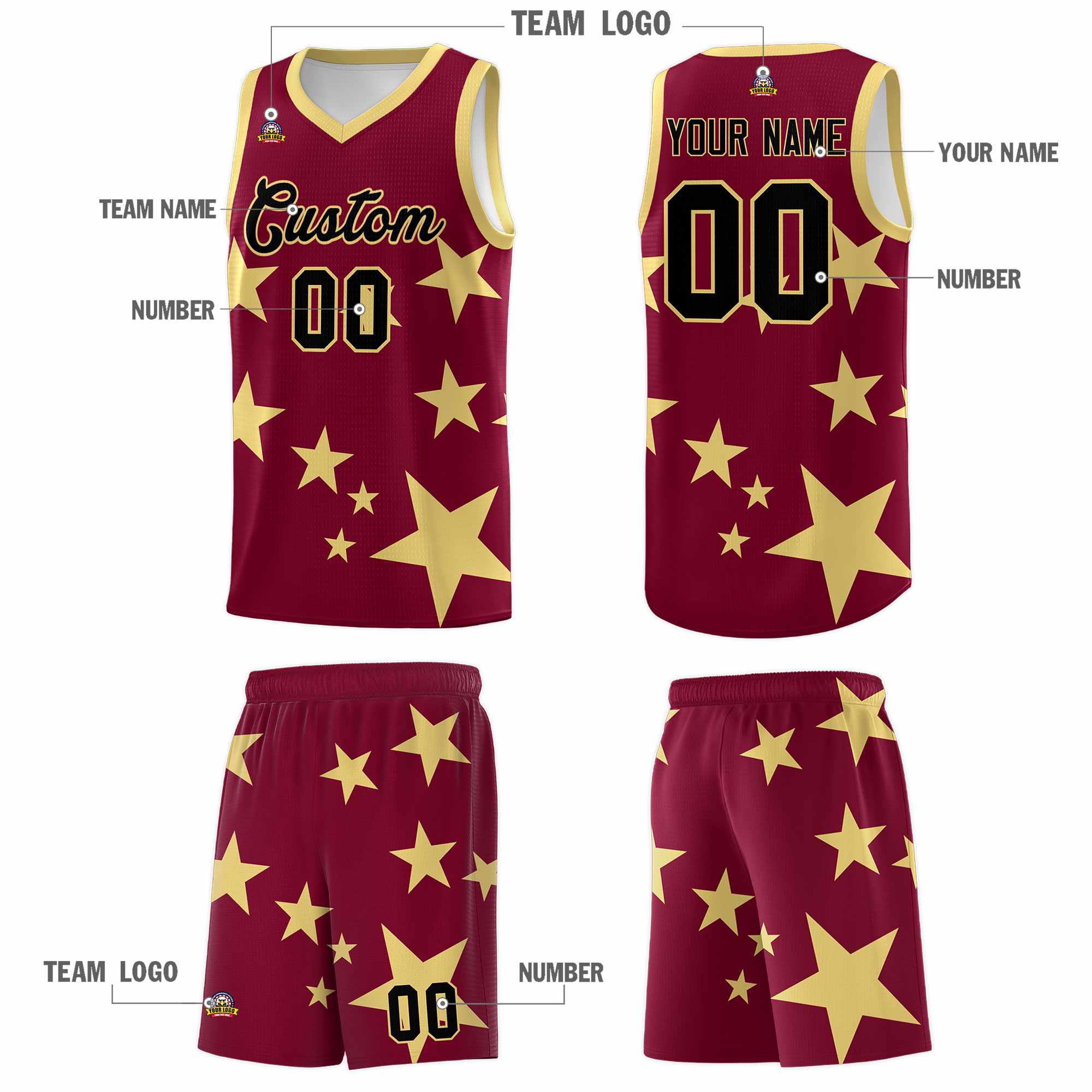 Custom Crimson Khaki Graffiti Pattern Star Print Basketball Kits Sets