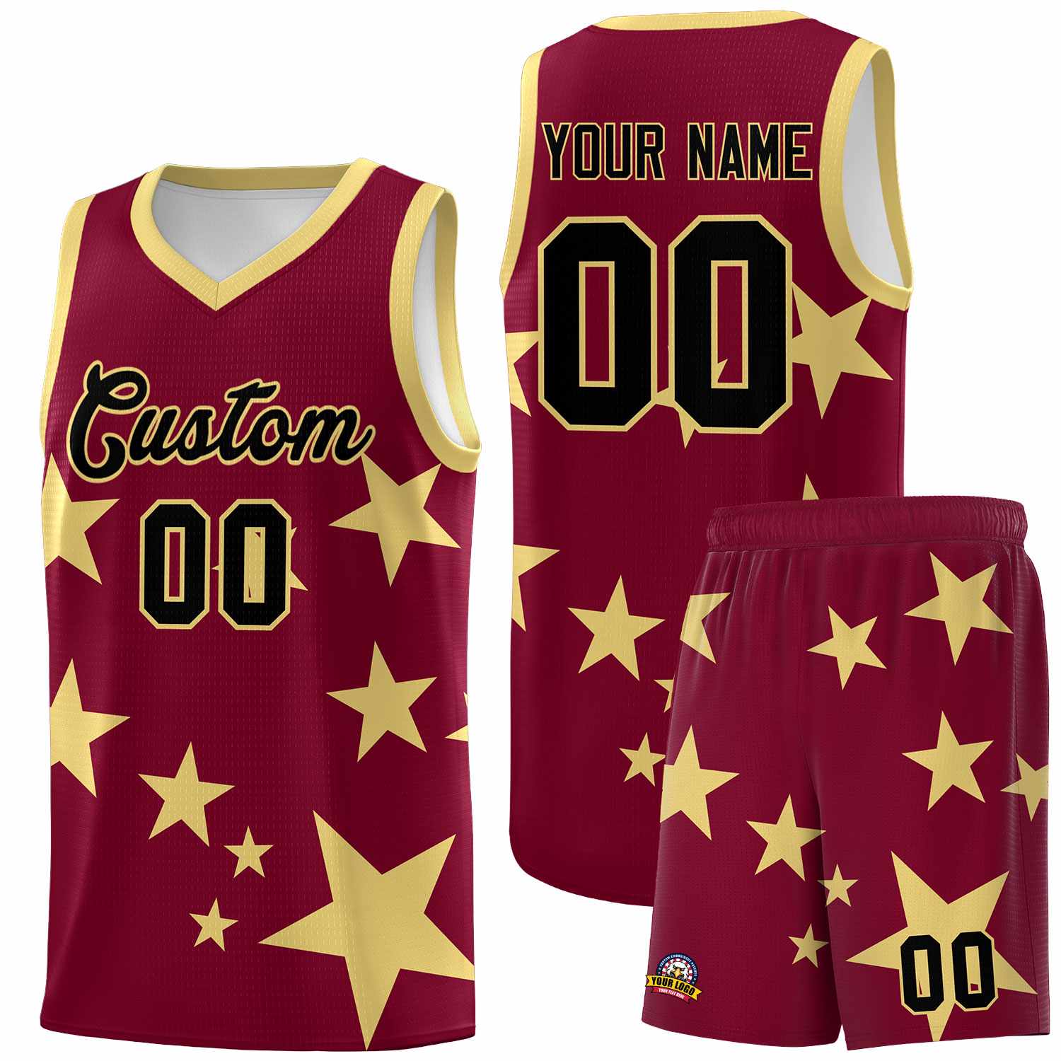 Custom Crimson Khaki Graffiti Pattern Star Print Basketball Kits Sets