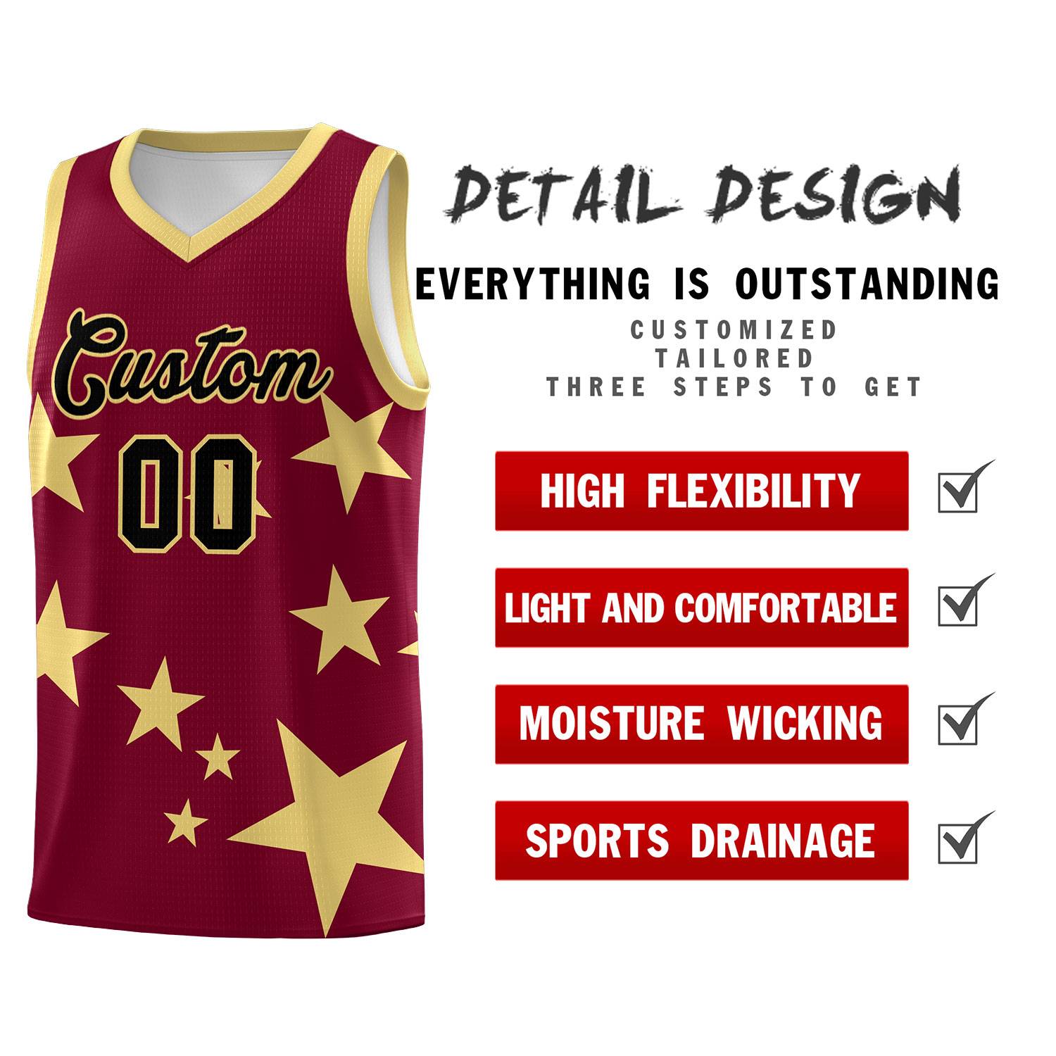 Custom Crimson Khaki Graffiti Pattern Star Print Basketball Kits Sets