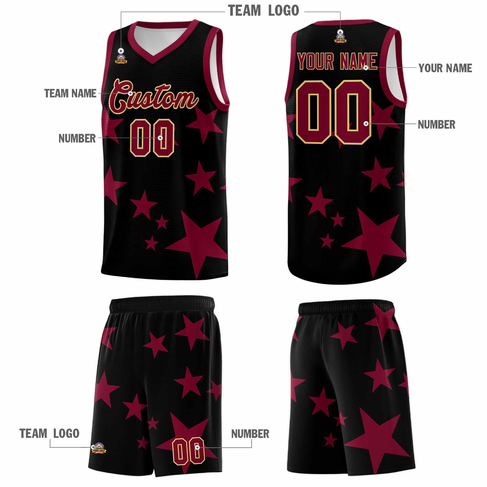 Custom Black Crimson Graffiti Pattern Star Print Basketball Kits Sets