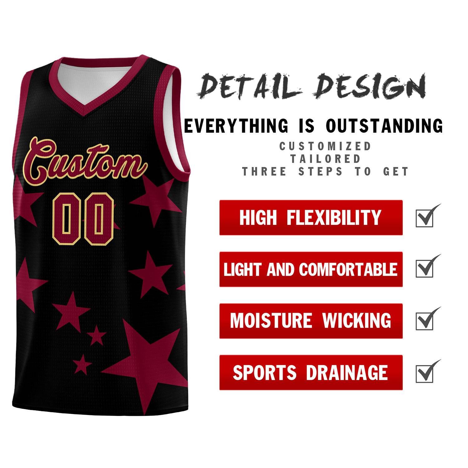 Custom Black Crimson Graffiti Pattern Star Print Basketball Kits Sets