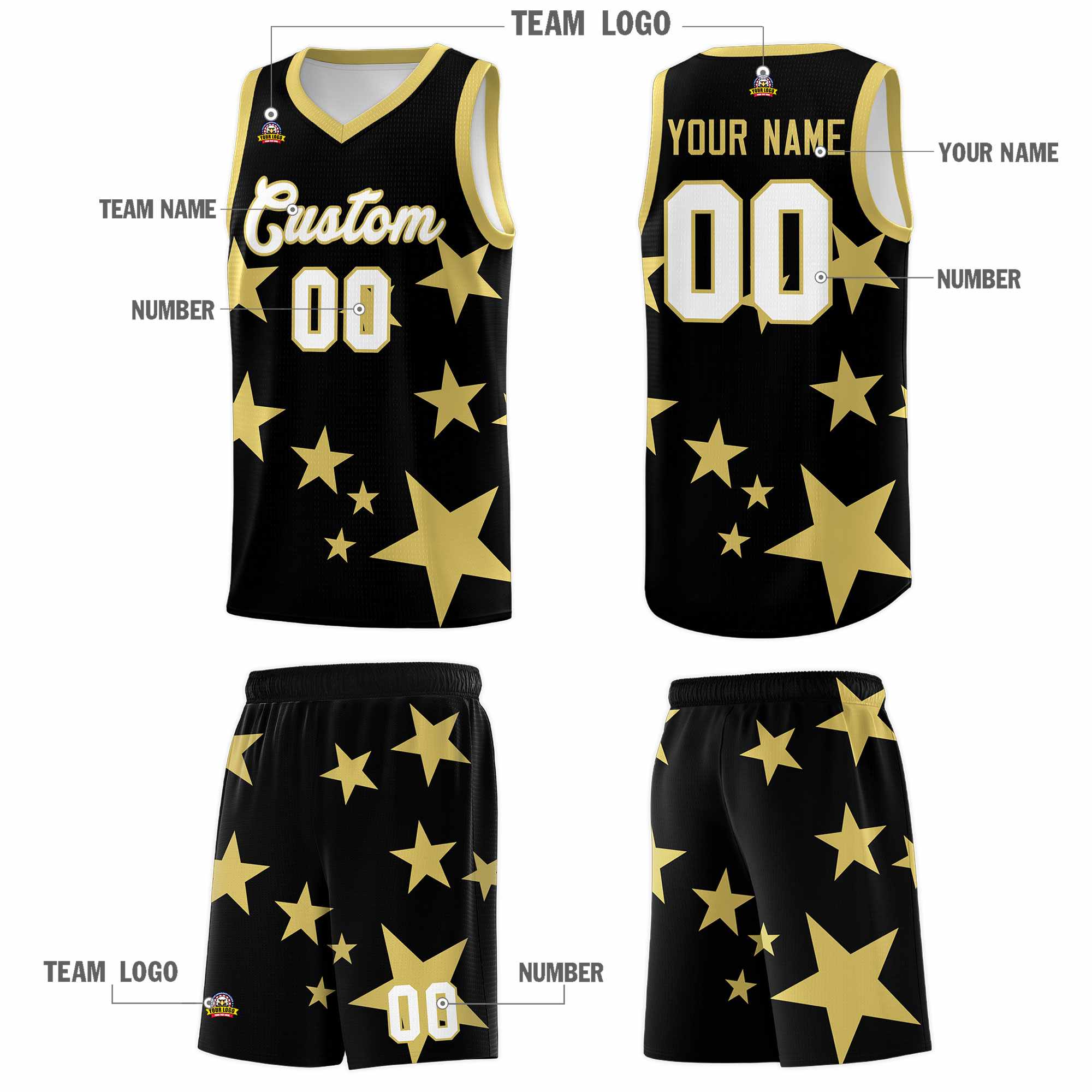 Custom Black Old Gold Graffiti Pattern Star Print Basketball Kits Sets