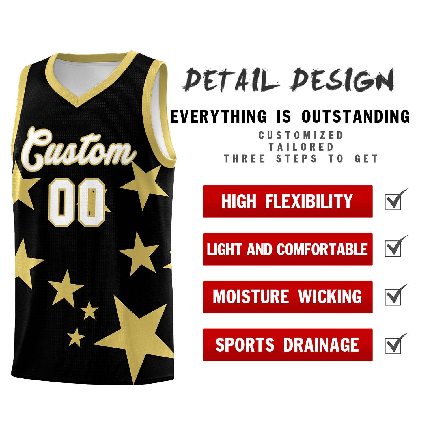 Custom Black Old Gold Graffiti Pattern Star Print Basketball Kits Sets