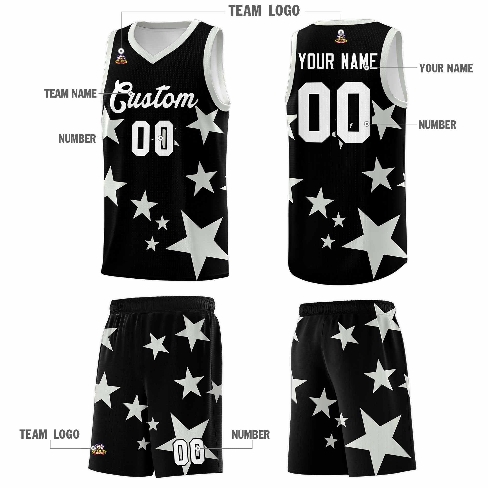 Custom Black Gray Graffiti Pattern Star Print Basketball Kits Sets