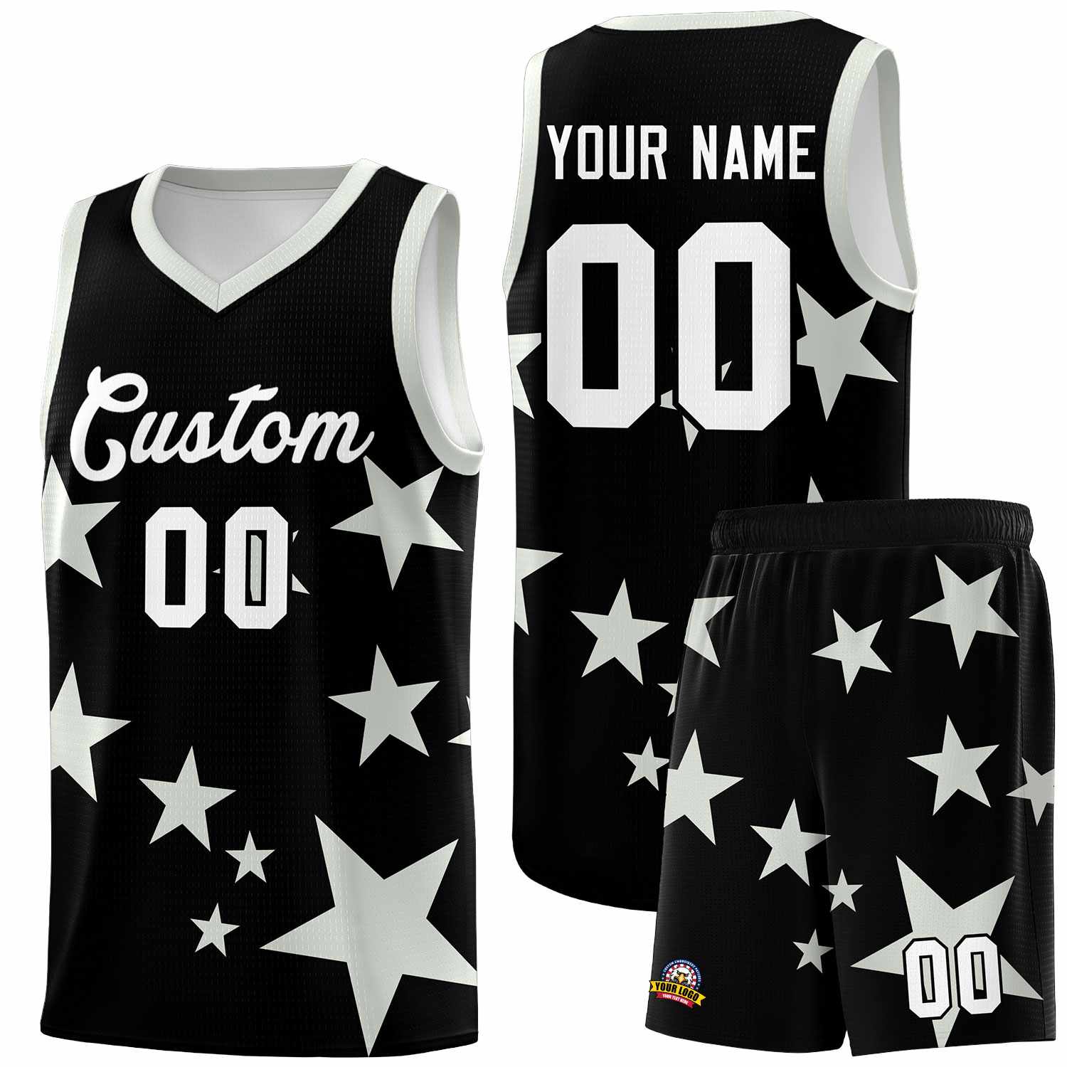 Custom Black Gray Graffiti Pattern Star Print Basketball Kits Sets