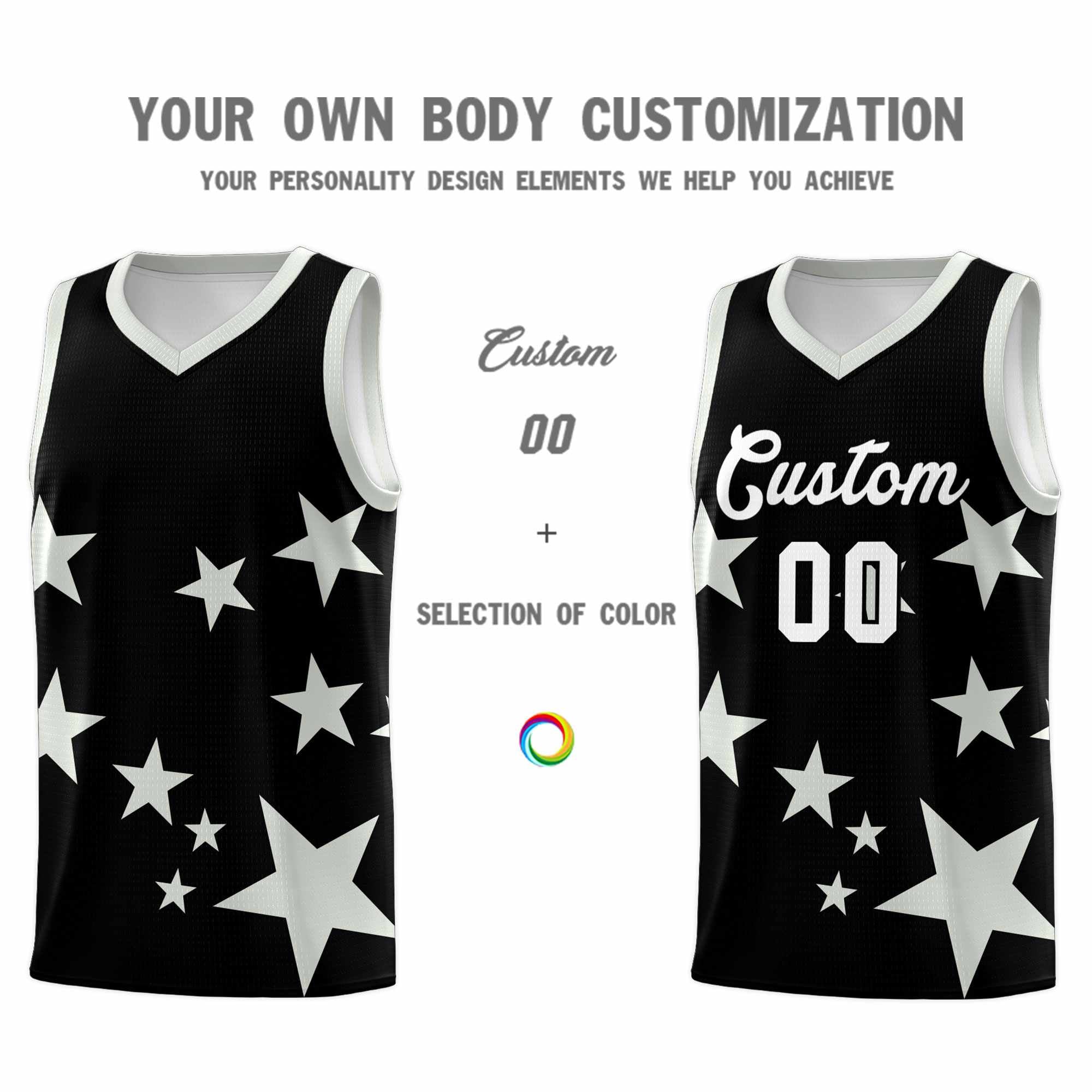 Custom Black Gray Graffiti Pattern Star Print Basketball Kits Sets