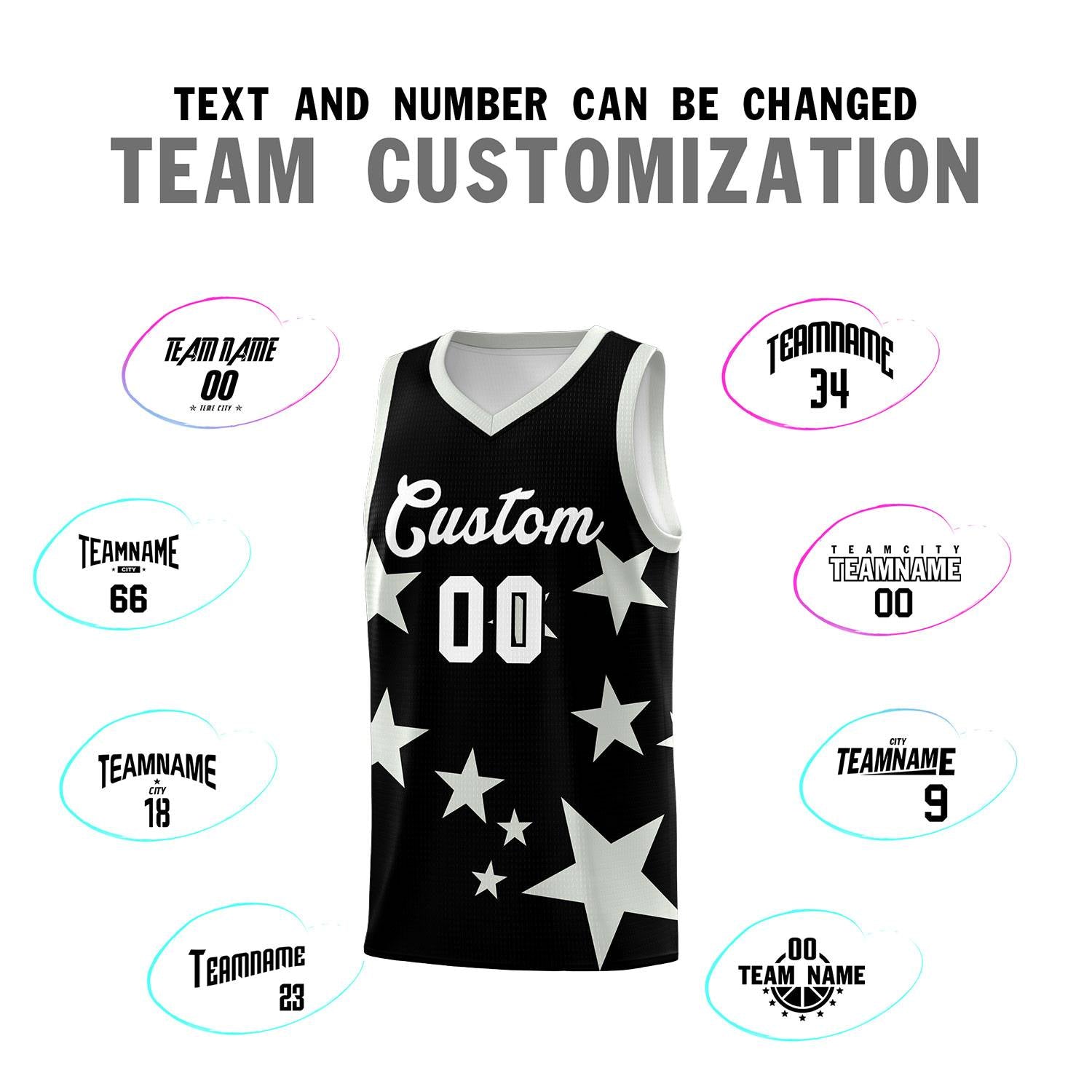 Custom Black Gray Graffiti Pattern Star Print Basketball Kits Sets